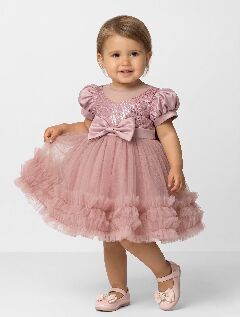 JoJo II Dusty Pink Sequin Puff Sleeve Ruffle Tulle Baby Party Dress | Lucys