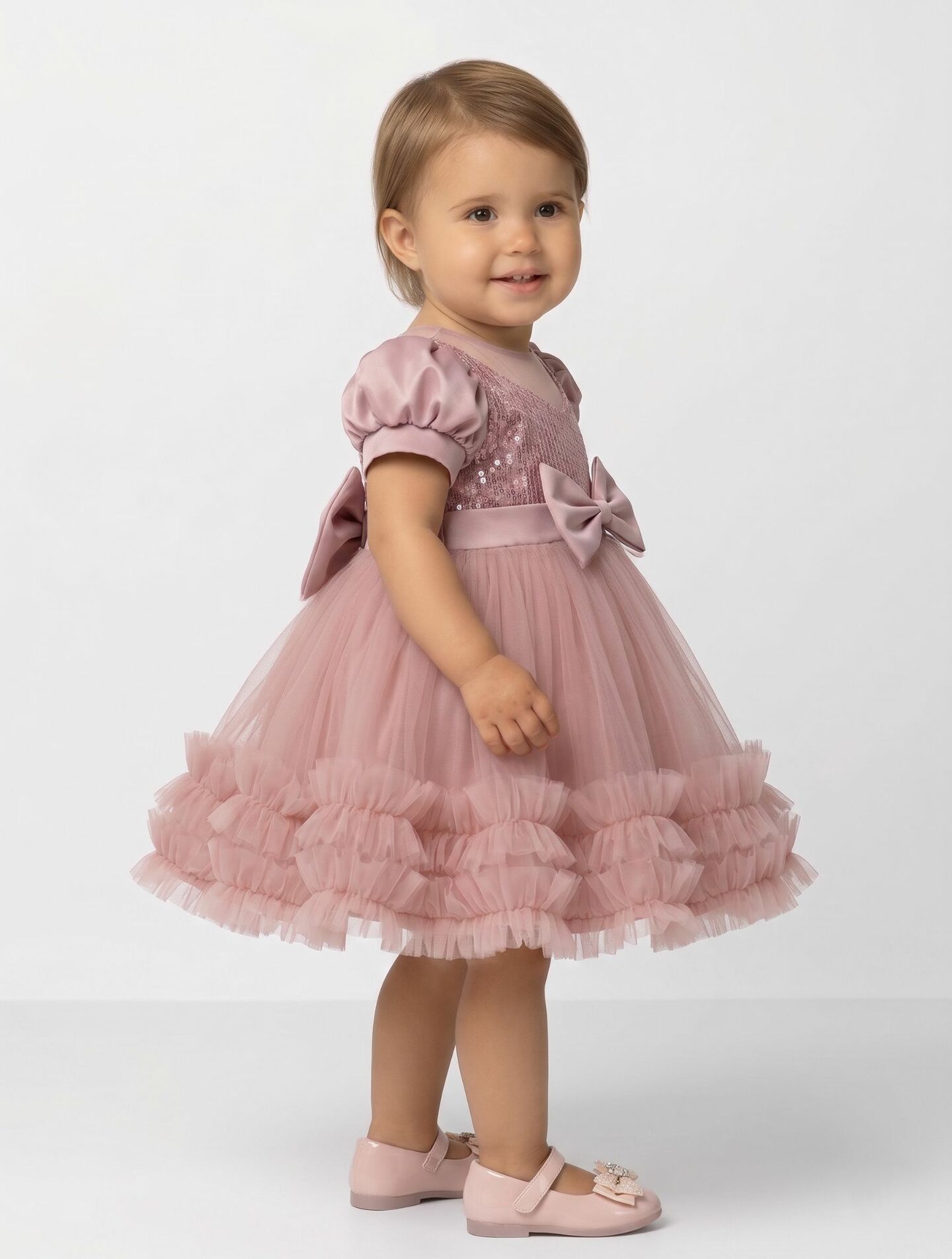 JoJo II Dusty Pink Sequin Puff Sleeve Ruffle Tulle Baby Party Dress | Lucys
