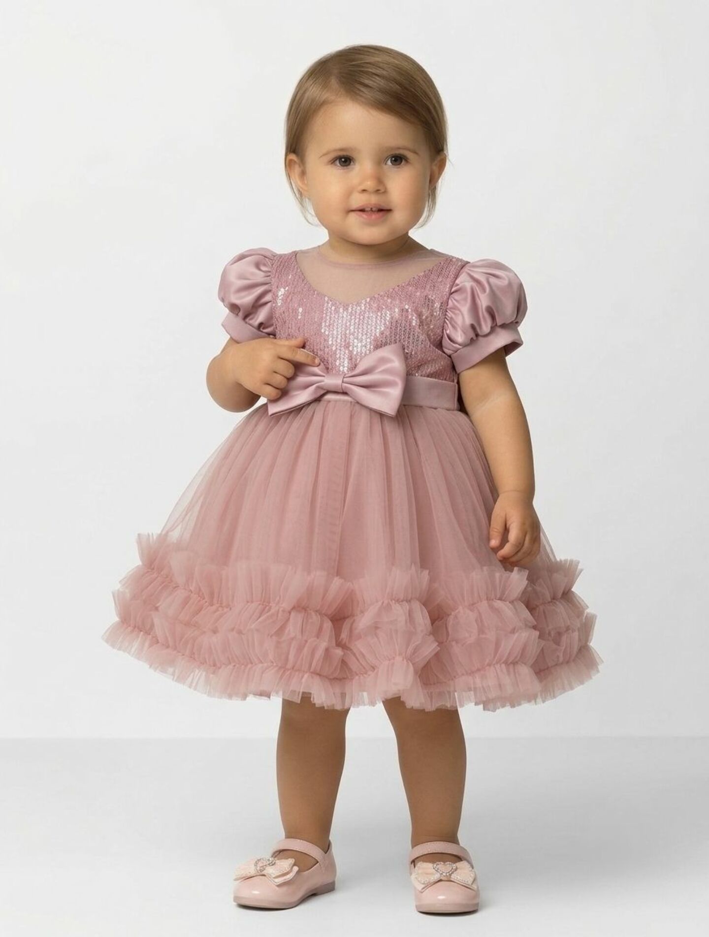 JoJo II Dusty Pink Sequin Puff Sleeve Ruffle Tulle Baby Party Dress | Lucys