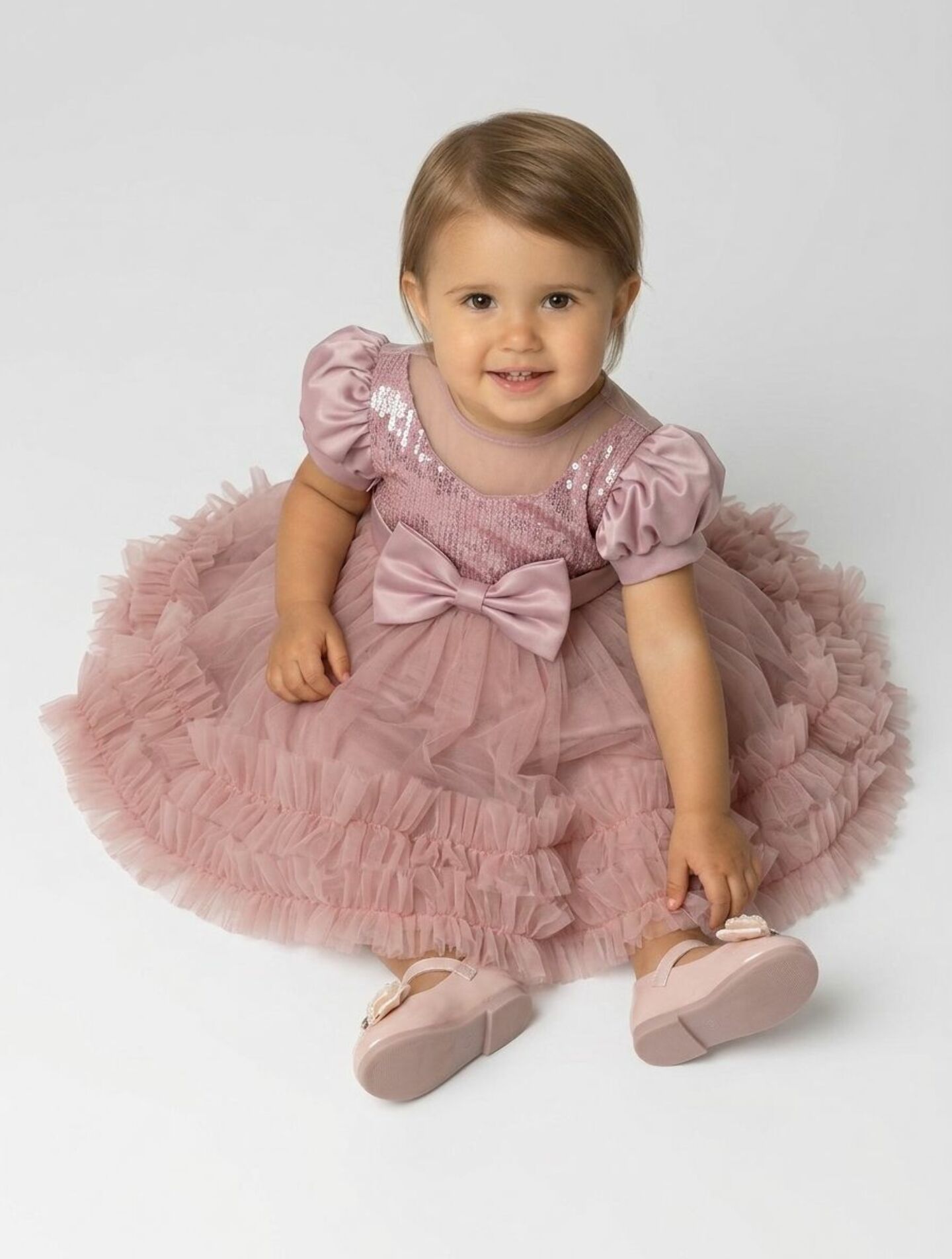 JoJo II Dusty Pink Sequin Puff Sleeve Ruffle Tulle Baby Party Dress | Lucys