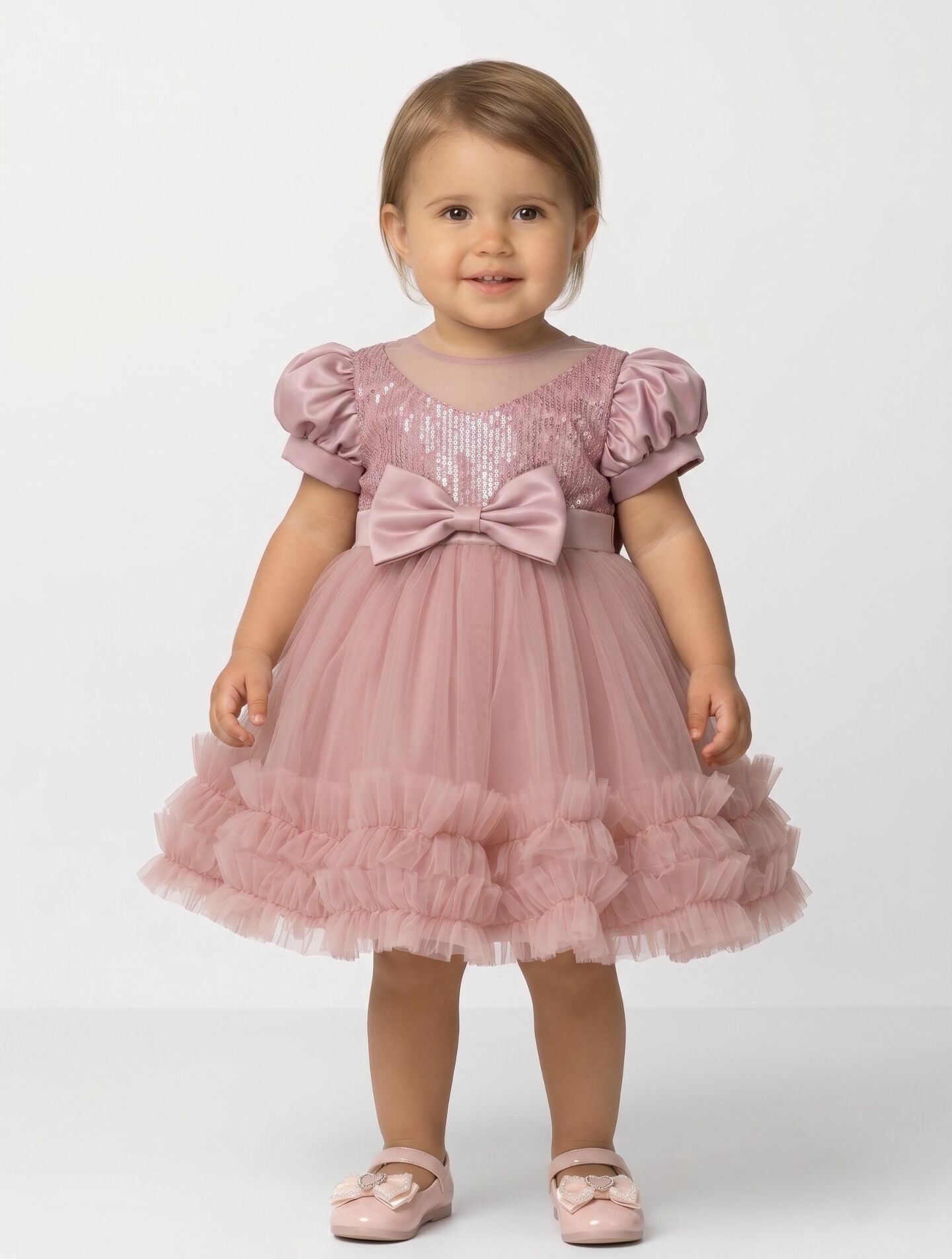 JoJo II Dusty Pink Sequin Puff Sleeve Ruffle Tulle Baby Party Dress | Lucys