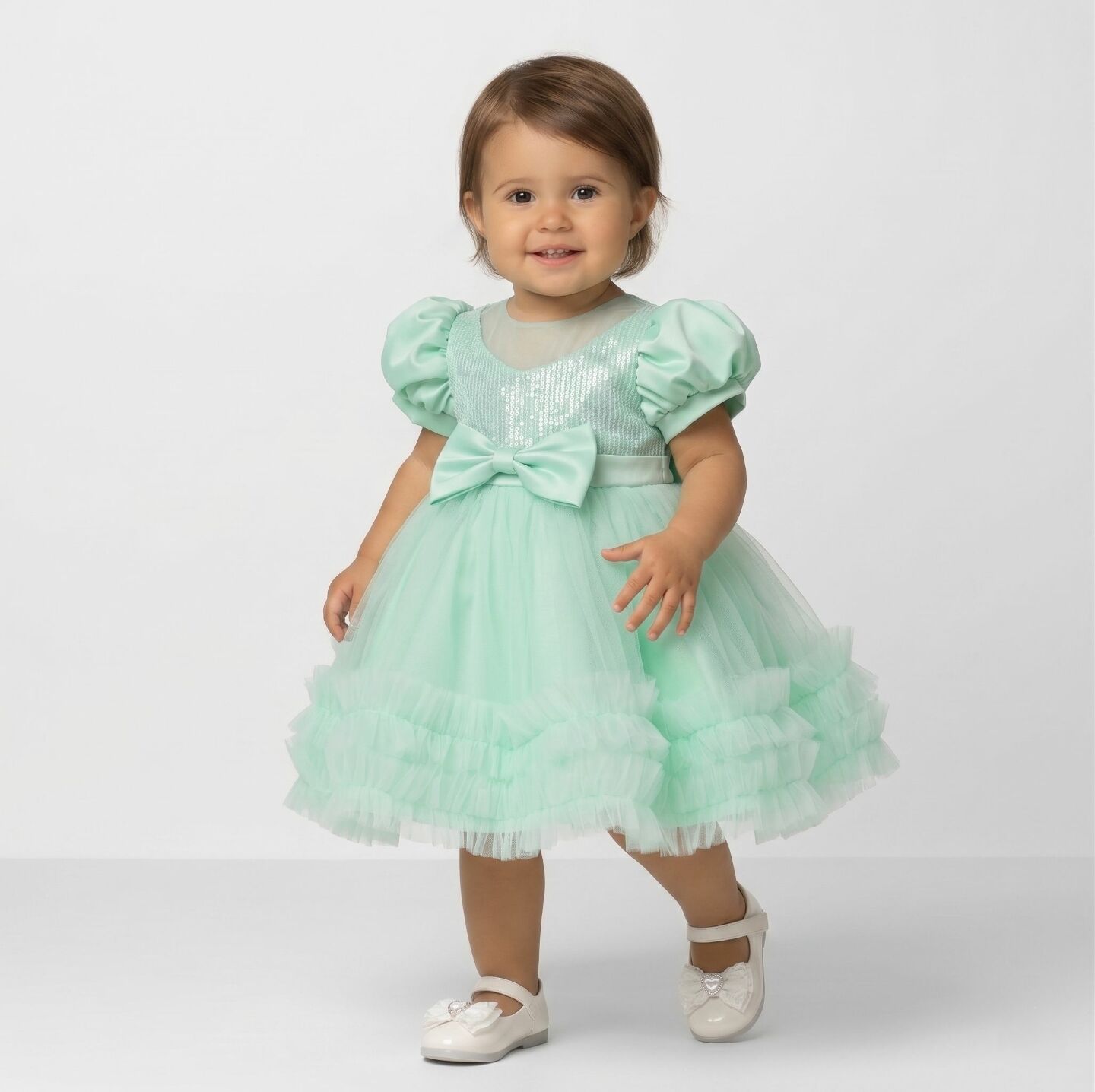 JoJo II Light Green Sequin Puff Sleeve Ruffle Tulle Baby Party Dress | Lucys