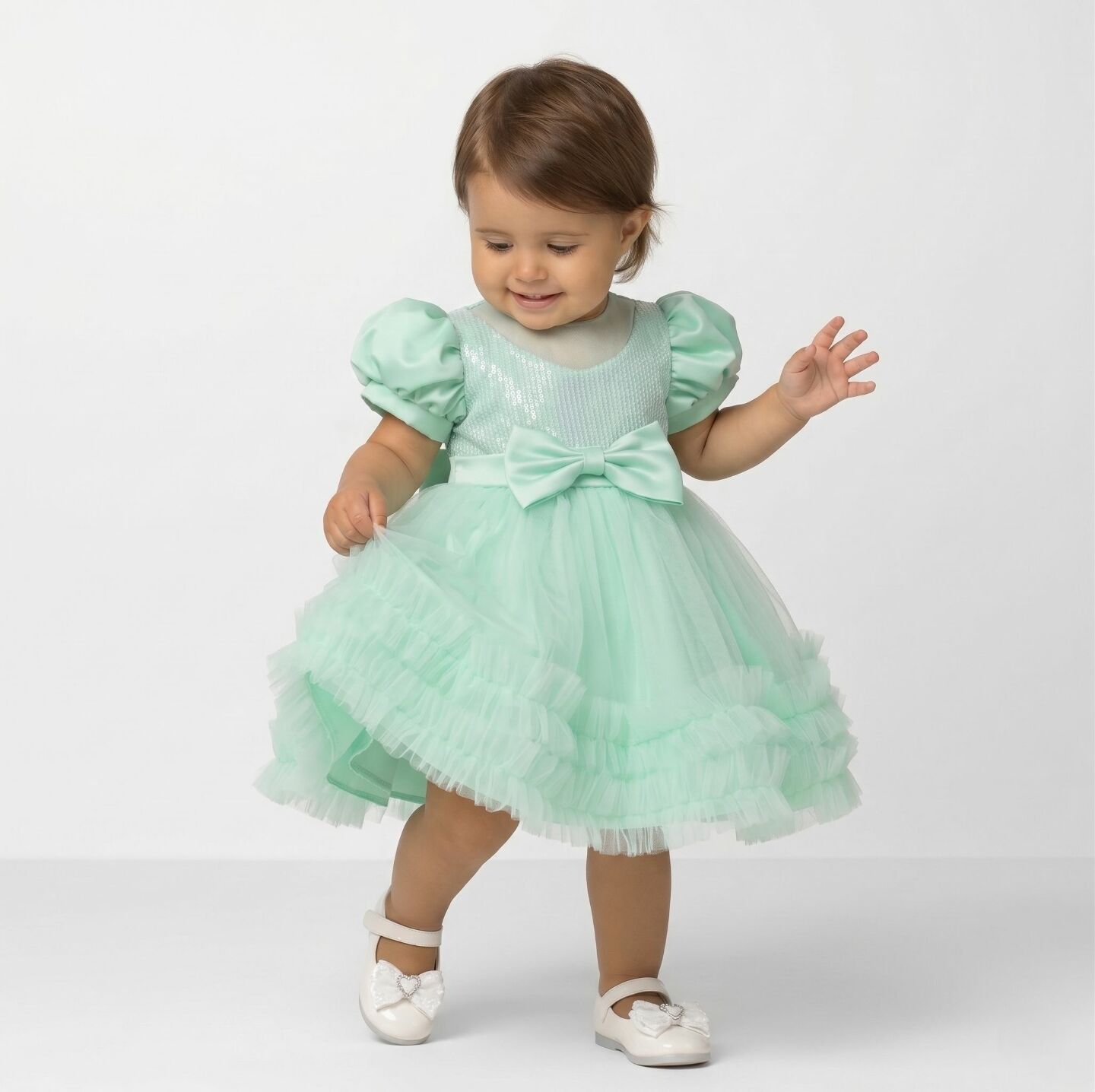 JoJo II Light Green Sequin Puff Sleeve Ruffle Tulle Baby Party Dress | Lucys