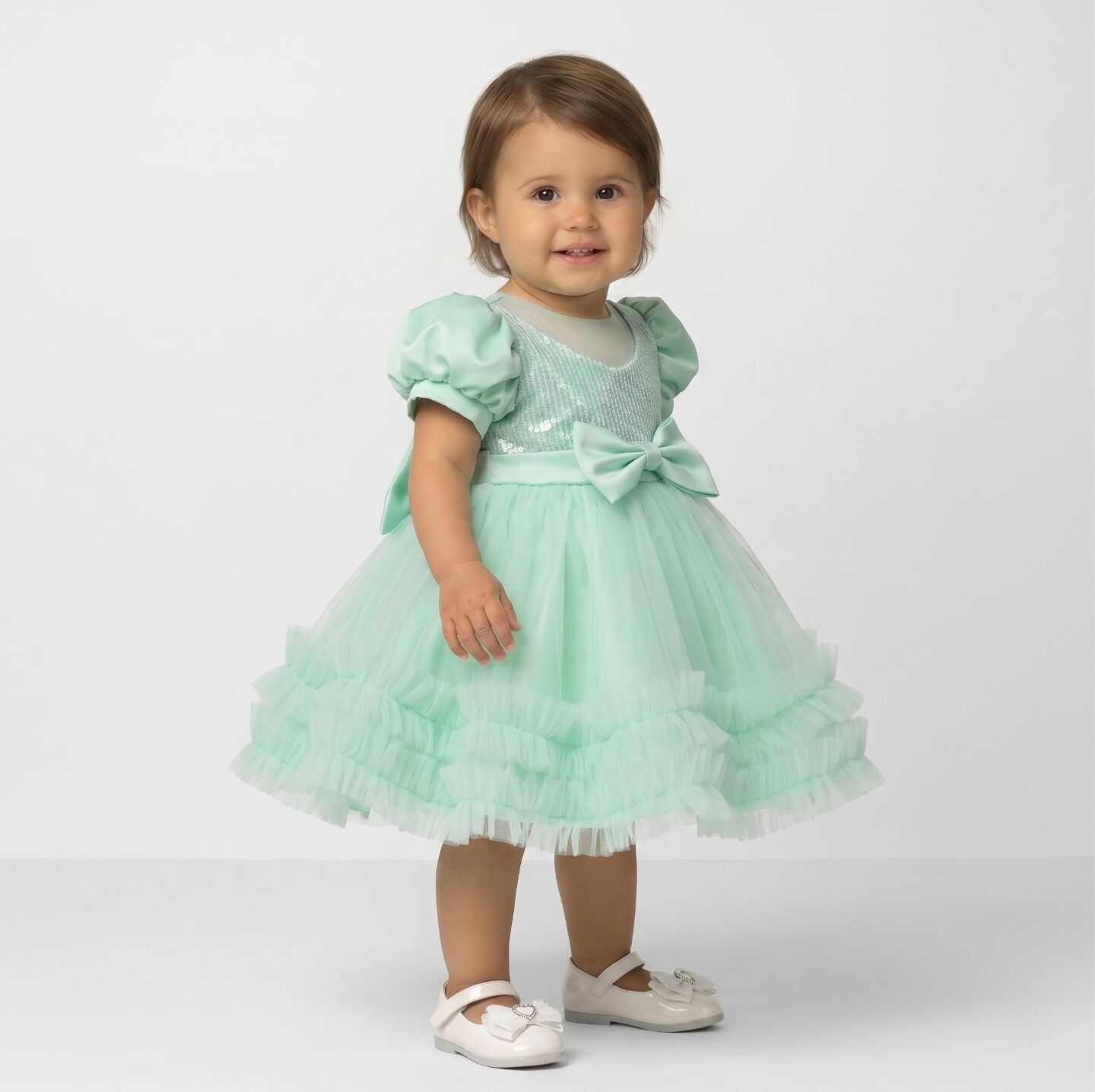 JoJo II Light Green Sequin Puff Sleeve Ruffle Tulle Baby Party Dress | Lucys