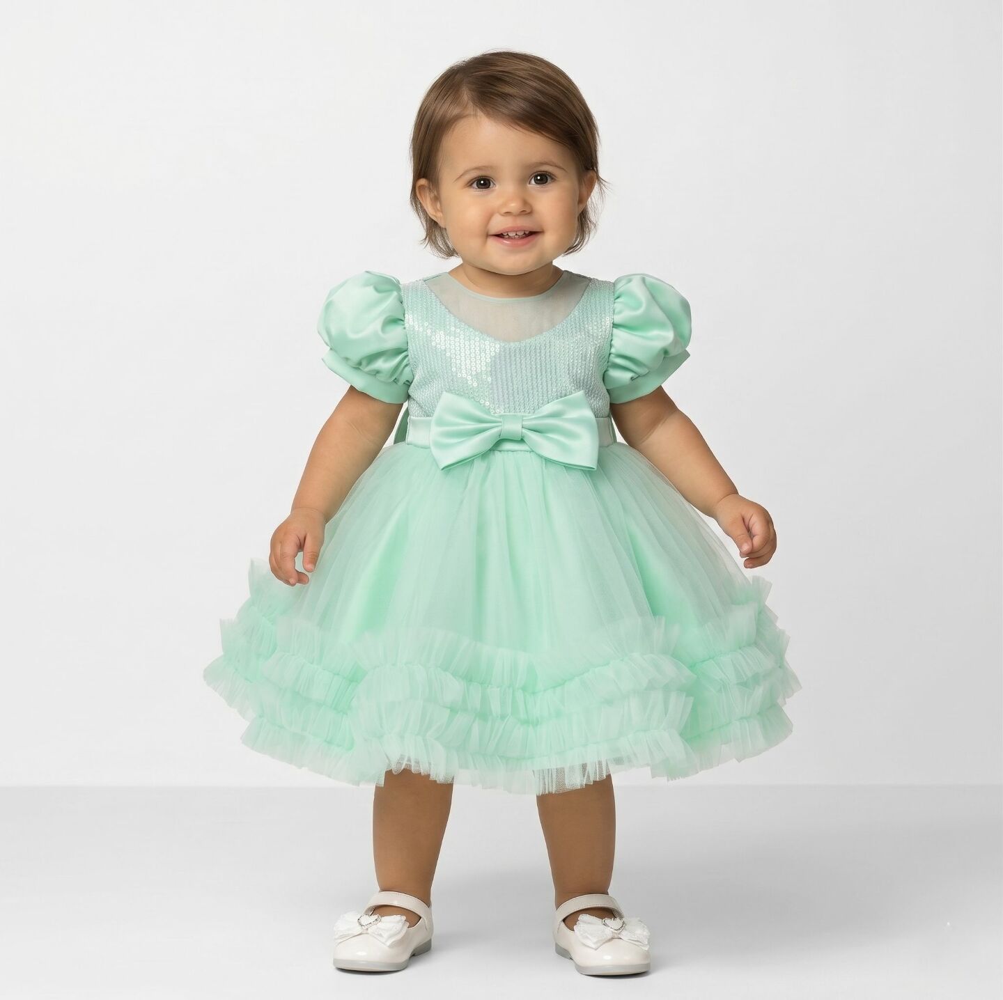 JoJo II Light Green Sequin Puff Sleeve Ruffle Tulle Baby Party Dress | Lucys