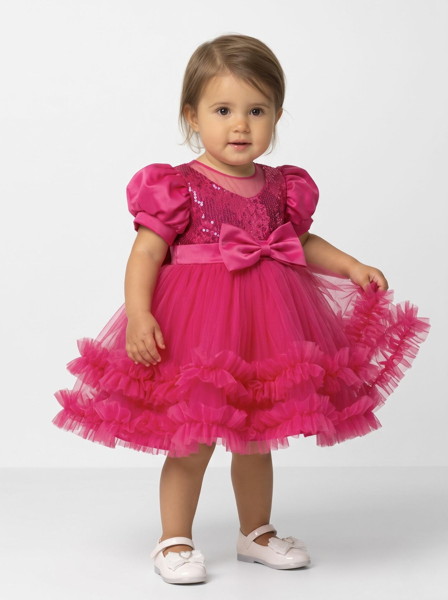 JoJo II Hot Pink Sequin Puff Sleeve Ruffle Tulle Baby Party Dress | Lucys