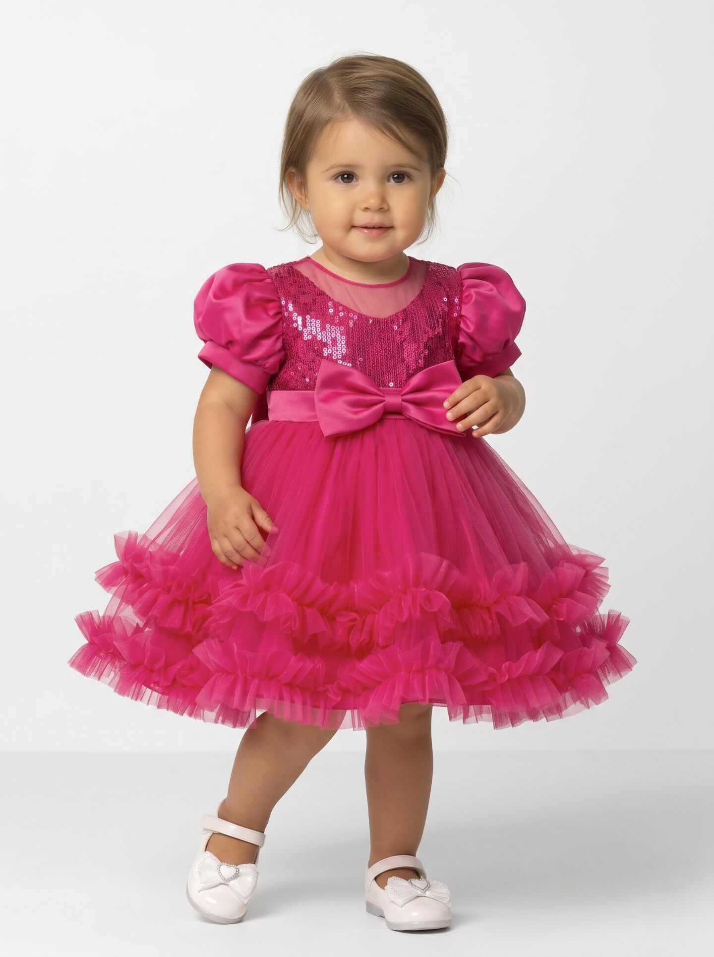 JoJo II Hot Pink Sequin Puff Sleeve Ruffle Tulle Baby Party Dress | Lucys