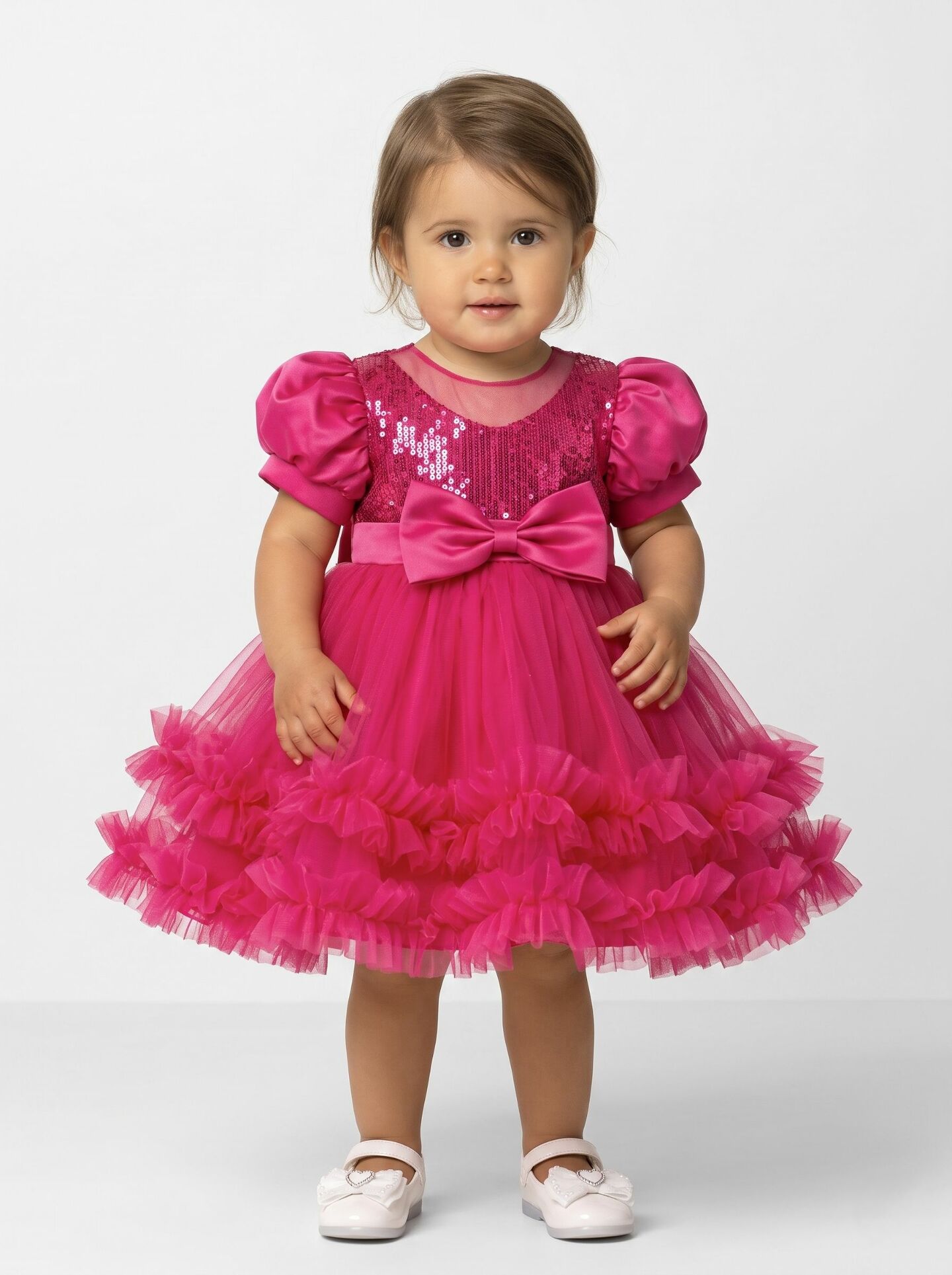JoJo II Hot Pink Sequin Puff Sleeve Ruffle Tulle Baby Party Dress | Lucys