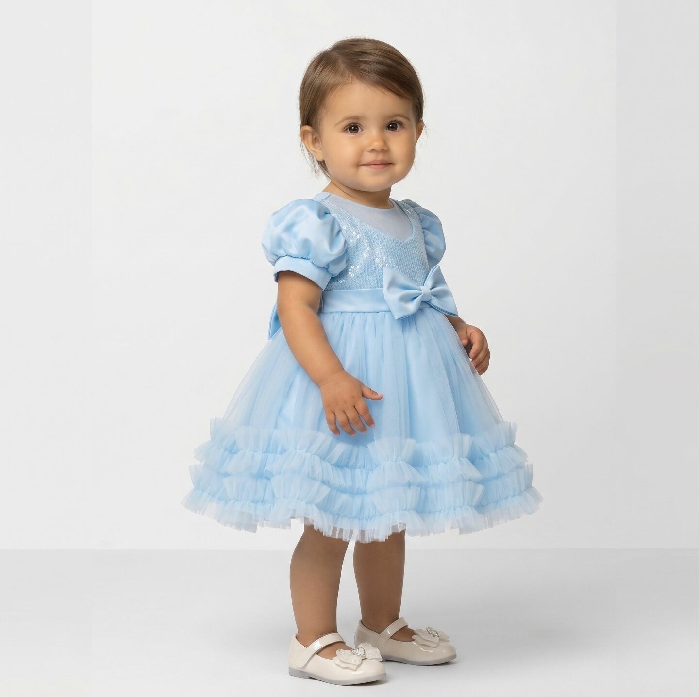 JoJo II Light Blue Sequin Puff Sleeve Ruffle Tulle Baby Party Dress | Lucys