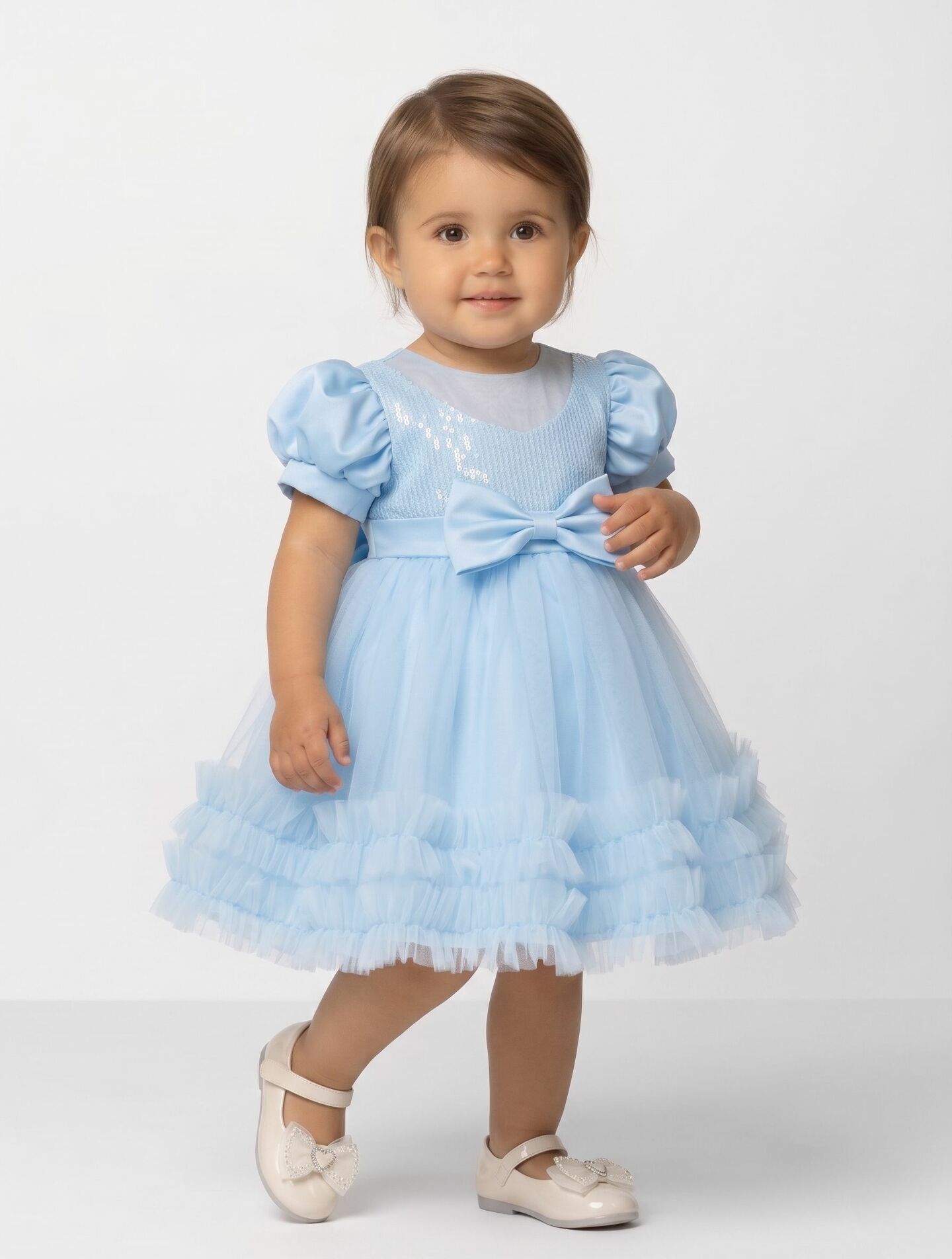 JoJo II Light Blue Sequin Puff Sleeve Ruffle Tulle Baby Party Dress | Lucys