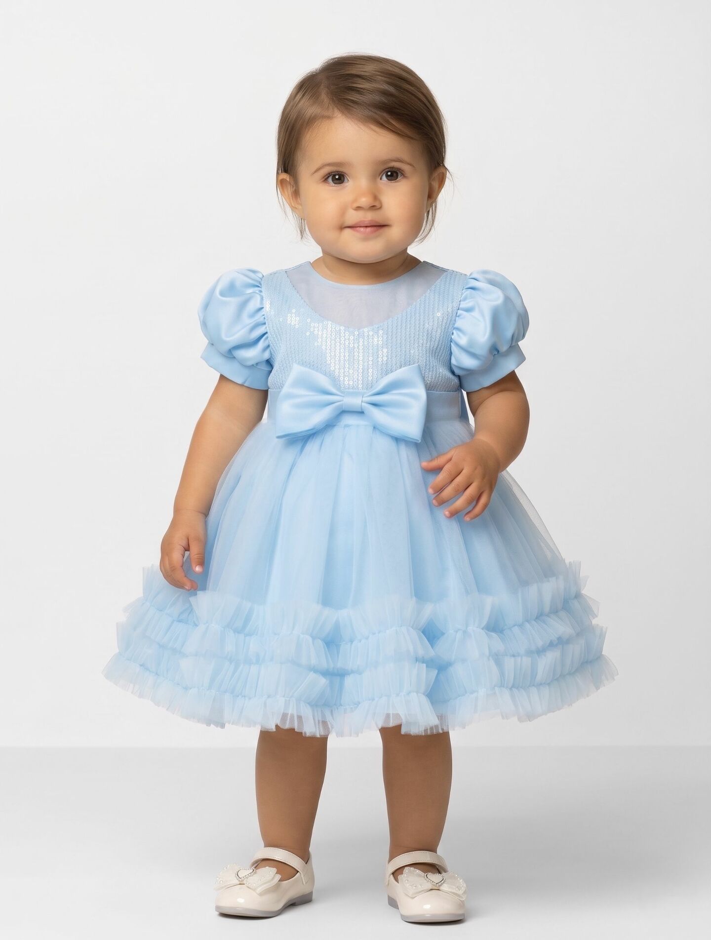 JoJo II Light Blue Sequin Puff Sleeve Ruffle Tulle Baby Party Dress | Lucys