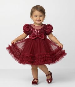 JoJo II Burgundy Sequin Puff Sleeve Ruffle Tulle Baby Party Dress | Lucys