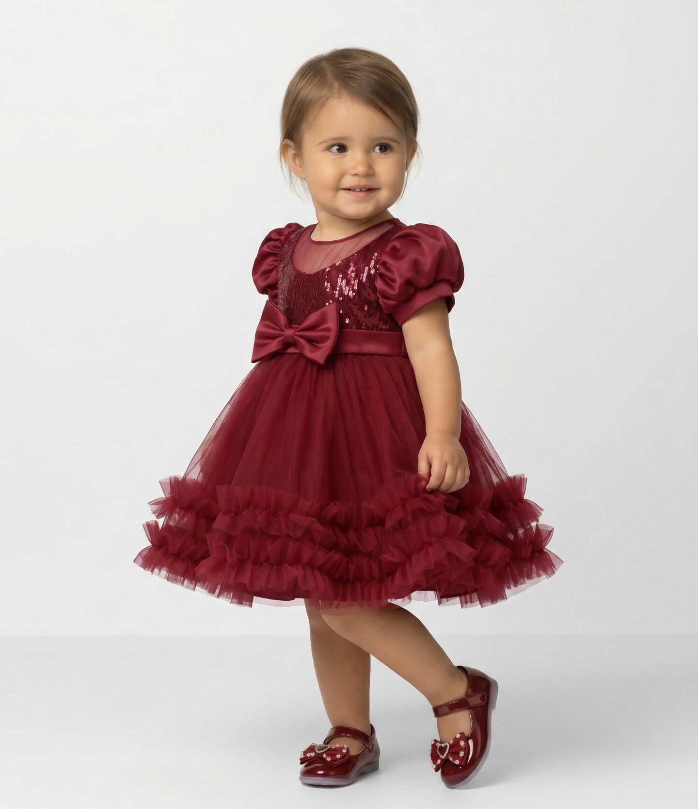 JoJo II Burgundy Sequin Puff Sleeve Ruffle Tulle Baby Party Dress | Lucys