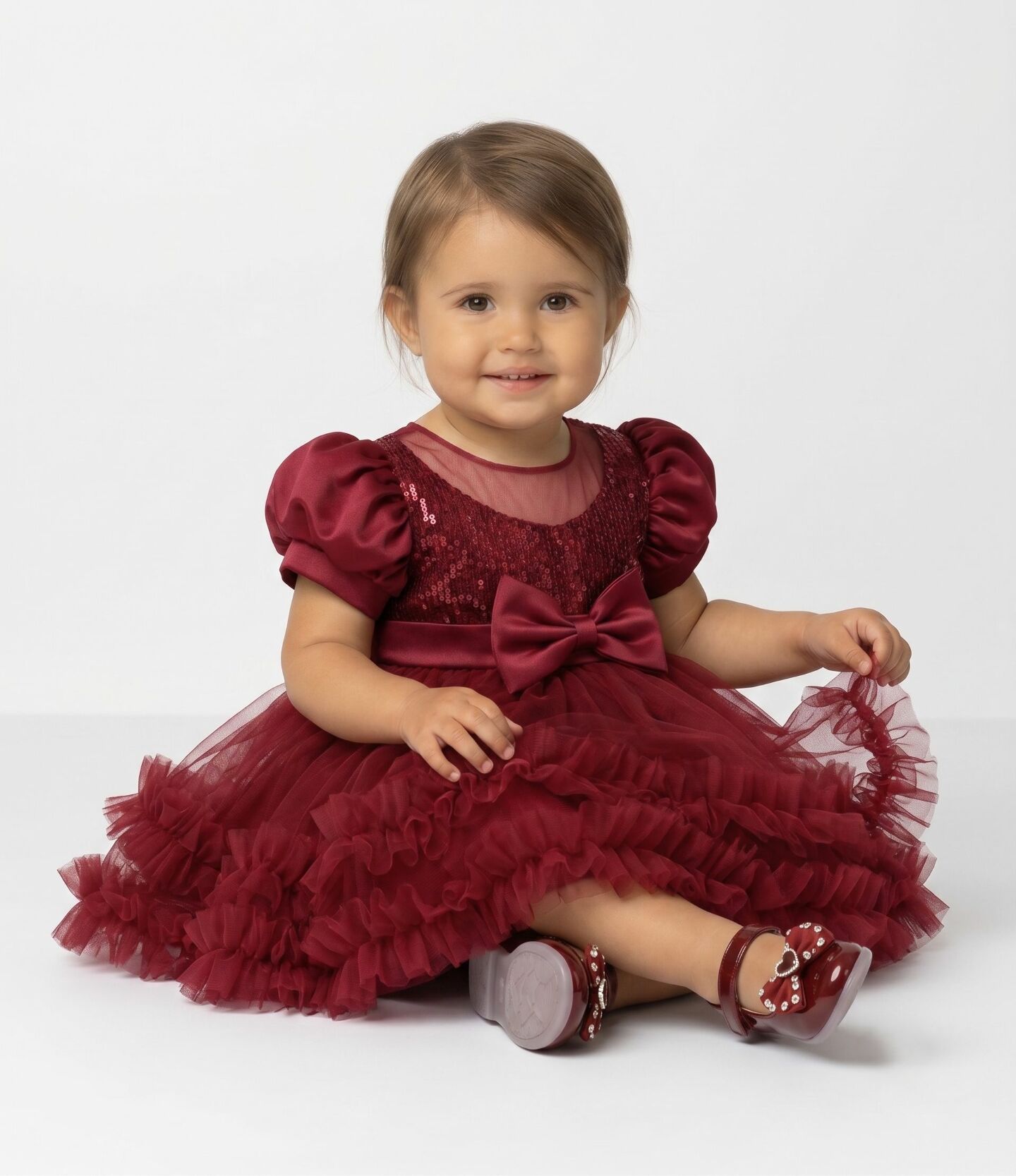 JoJo II Burgundy Sequin Puff Sleeve Ruffle Tulle Baby Party Dress | Lucys