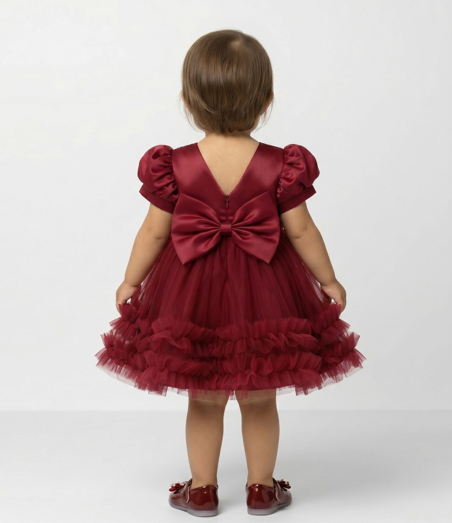 JoJo II Burgundy Sequin Puff Sleeve Ruffle Tulle Baby Party Dress | Lucys