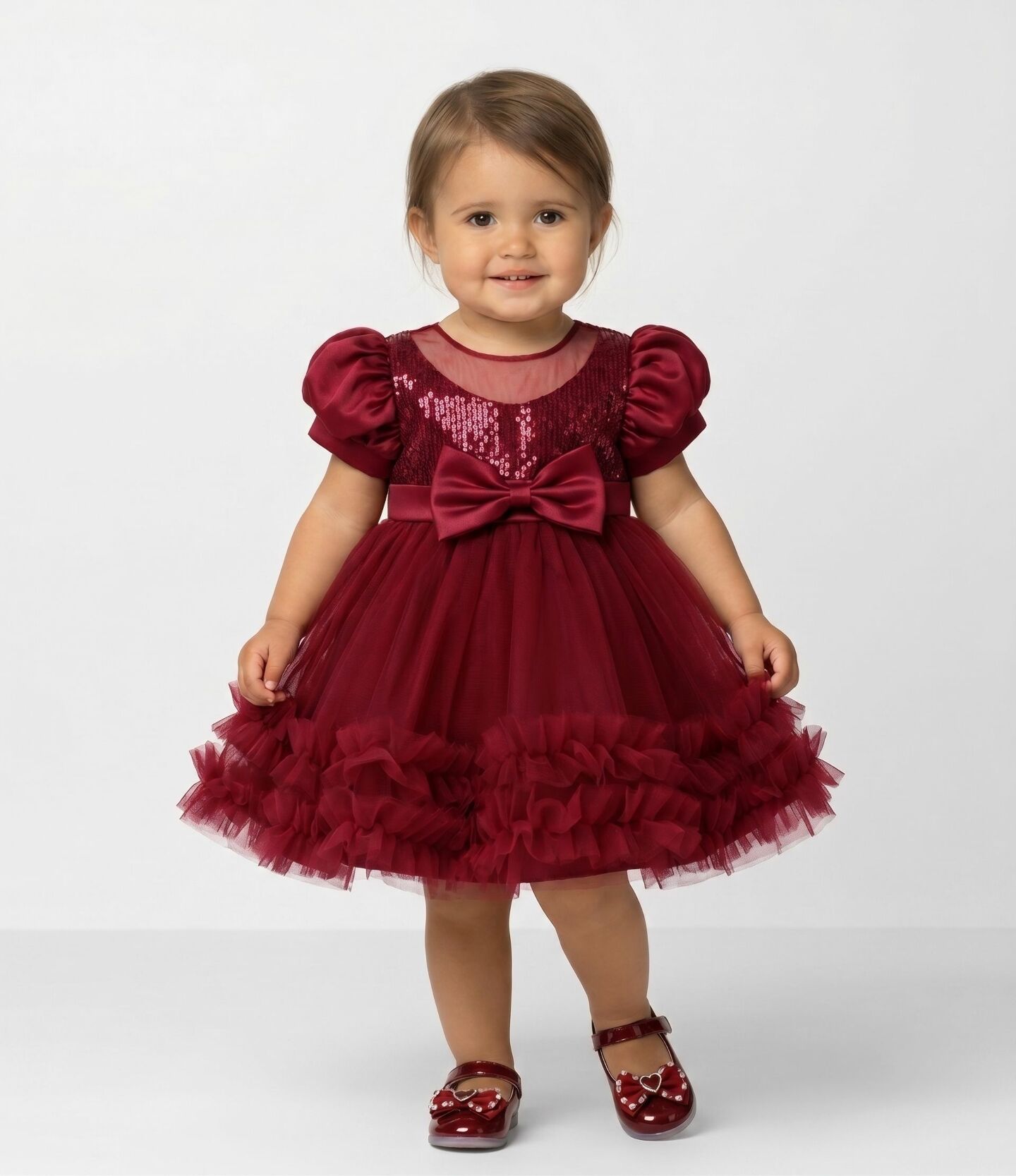 JoJo II Burgundy Sequin Puff Sleeve Ruffle Tulle Baby Party Dress | Lucys