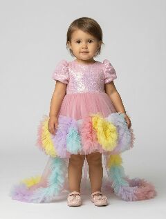 Mabel Pink Sequin Rainbow Ruffle Detachable Train Party Dress | Lucys