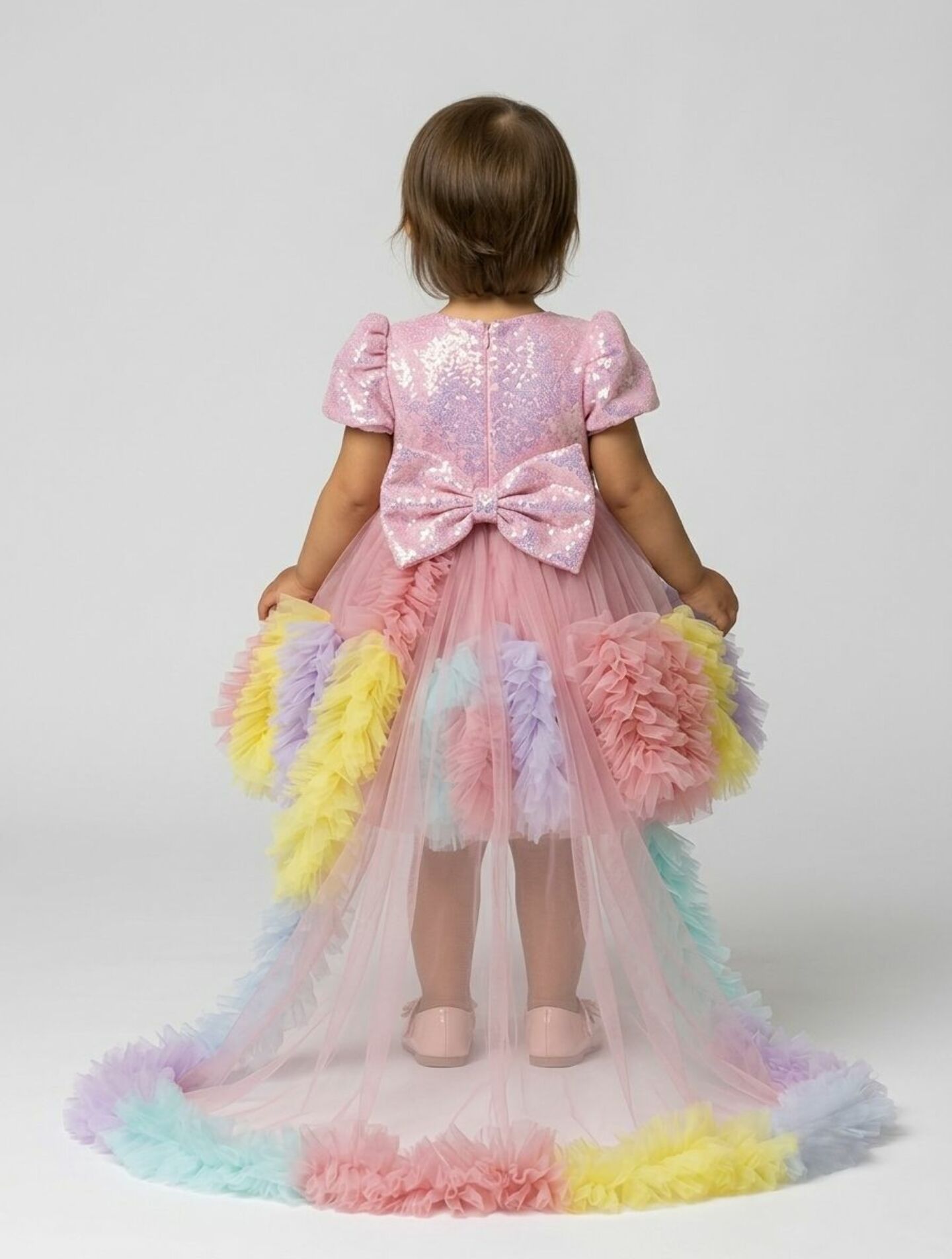 Mabel Pink Sequin Rainbow Ruffle Detachable Train Party Dress | Lucys