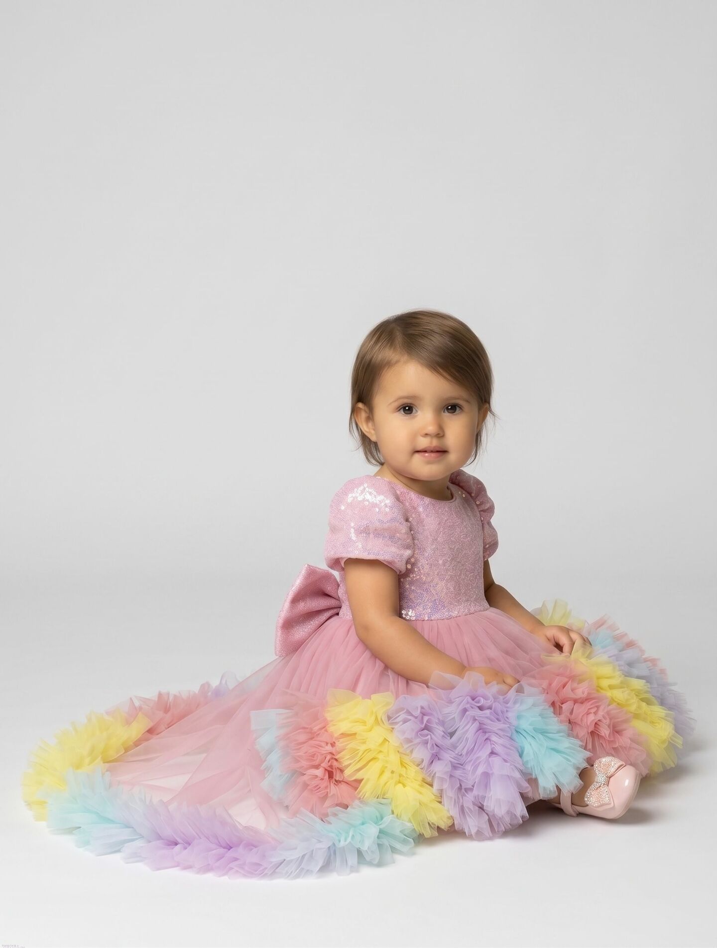 Mabel Pink Sequin Rainbow Ruffle Detachable Train Party Dress | Lucys