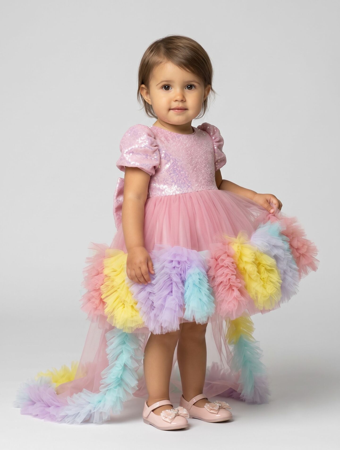 Mabel Pink Sequin Rainbow Ruffle Detachable Train Party Dress | Lucys