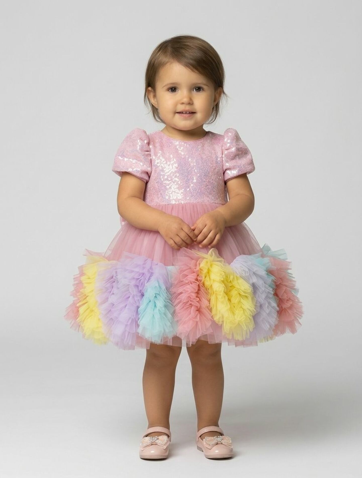 Mabel Pink Sequin Rainbow Ruffle Detachable Train Party Dress | Lucys