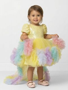 Mabel Yellow Sequin Rainbow Ruffle Detachable Train Party Dress | Lucys