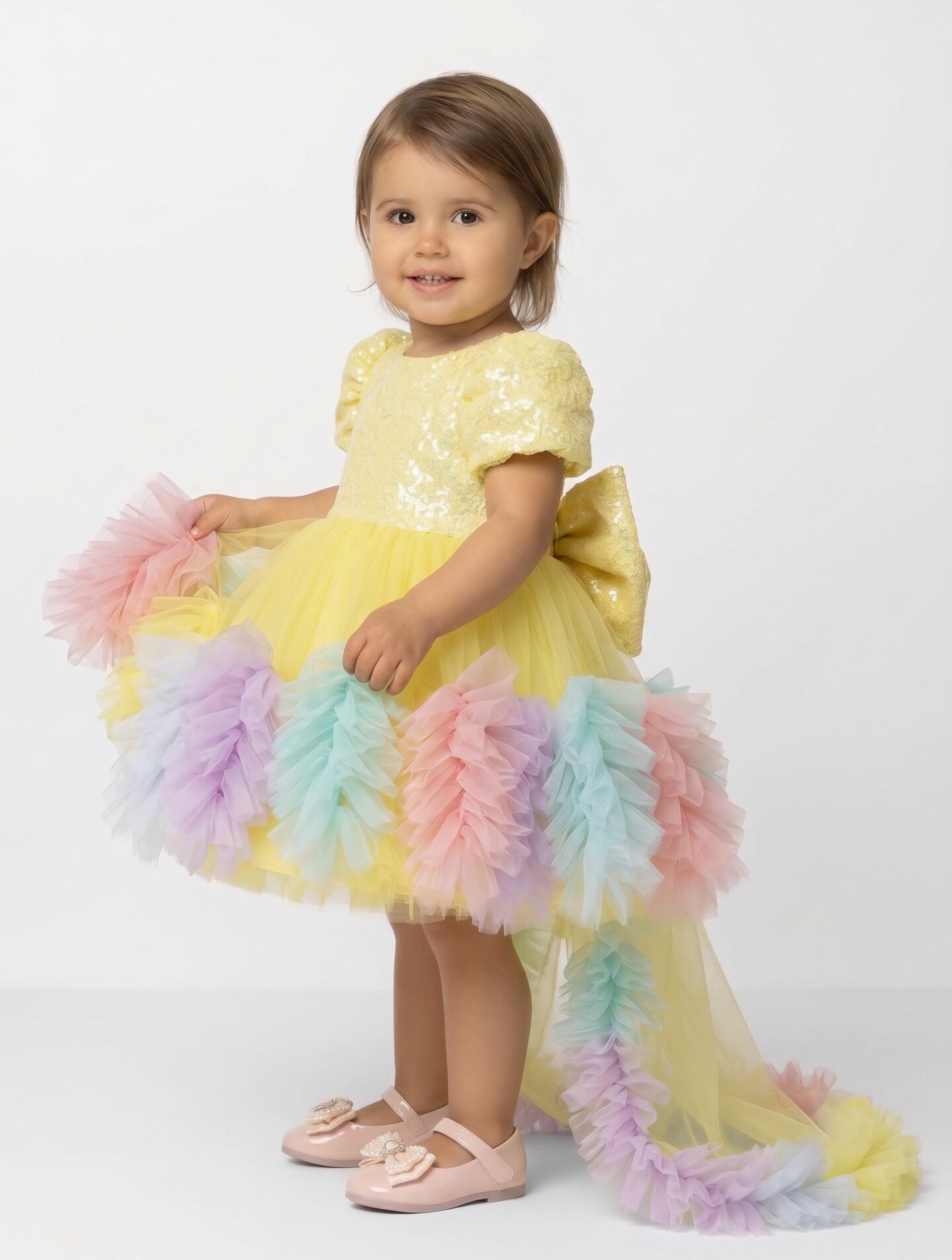 Mabel Yellow Sequin Rainbow Ruffle Detachable Train Party Dress | Lucys