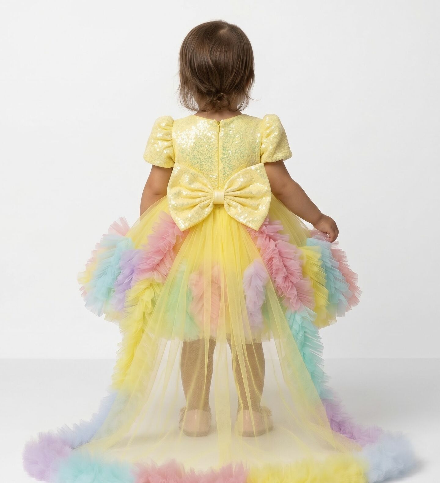 Mabel Yellow Sequin Rainbow Ruffle Detachable Train Party Dress | Lucys