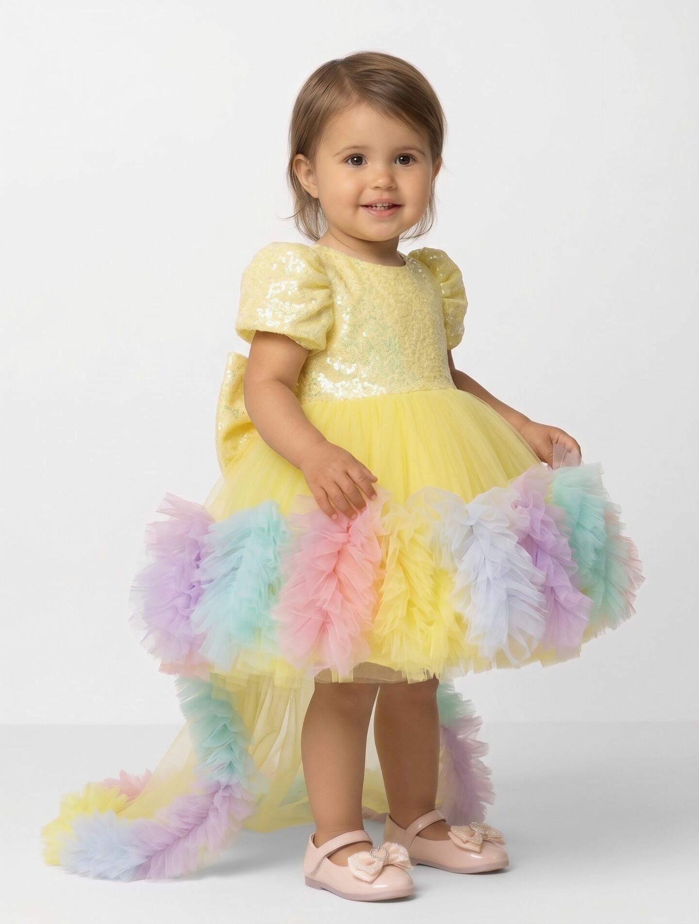 Mabel Yellow Sequin Rainbow Ruffle Detachable Train Party Dress | Lucys