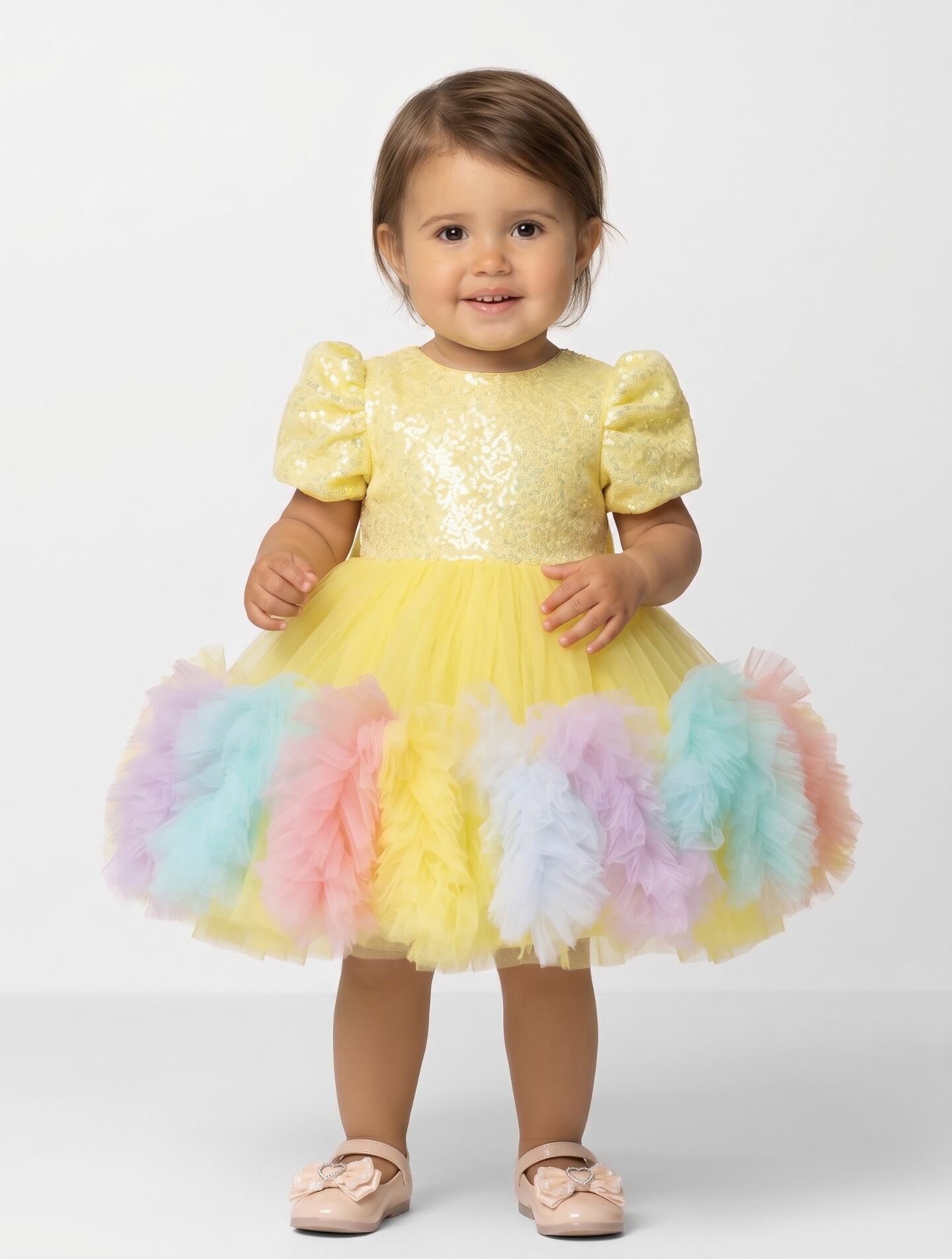 Mabel Yellow Sequin Rainbow Ruffle Detachable Train Party Dress | Lucys