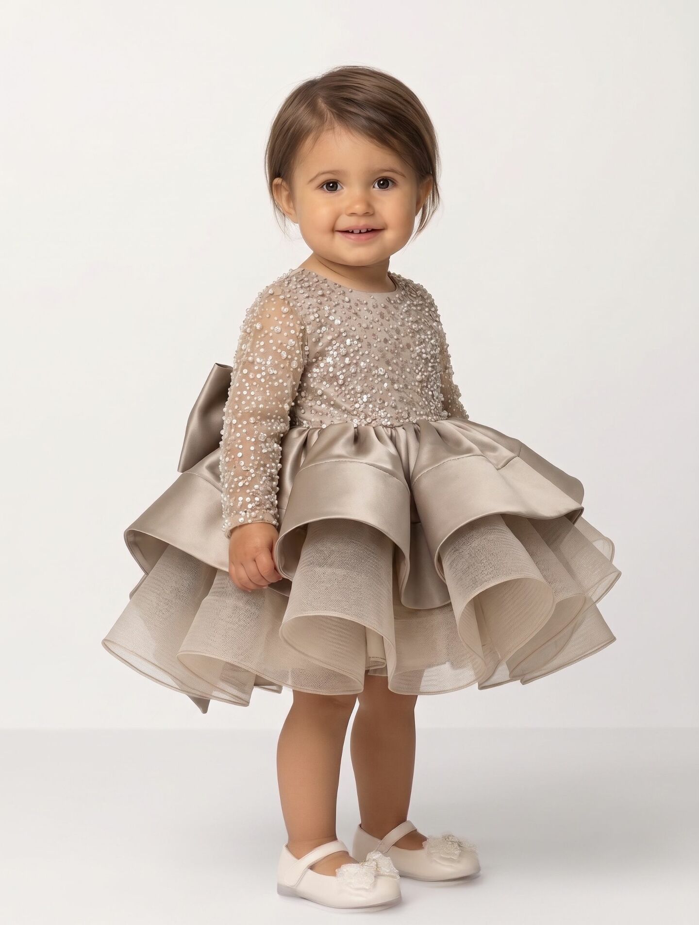 Elise Taupe Pearl Sequin Long Sleeve Satin Skirt Party Dress | Lucys