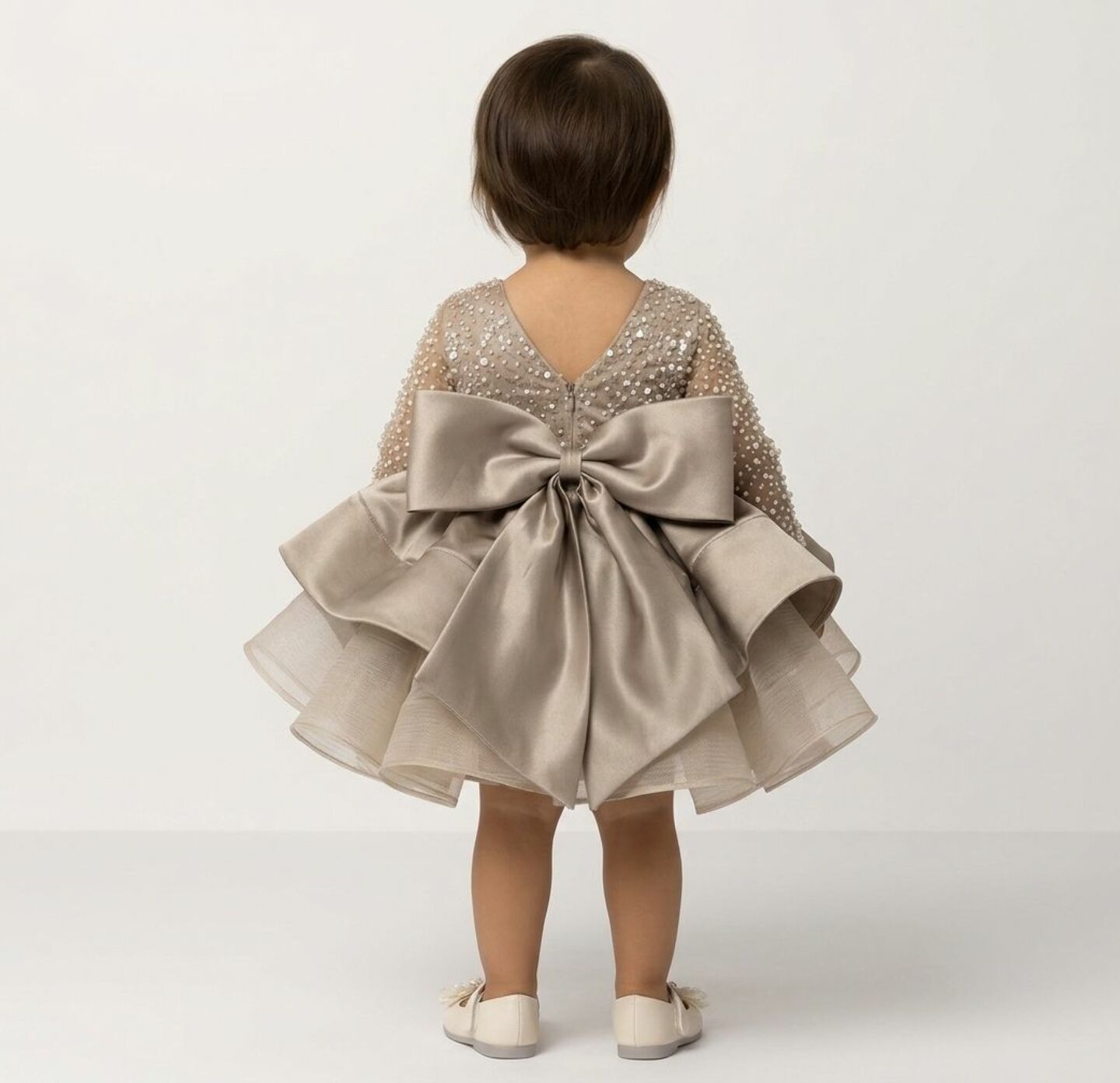 Elise Taupe Pearl Sequin Long Sleeve Satin Skirt Party Dress | Lucys