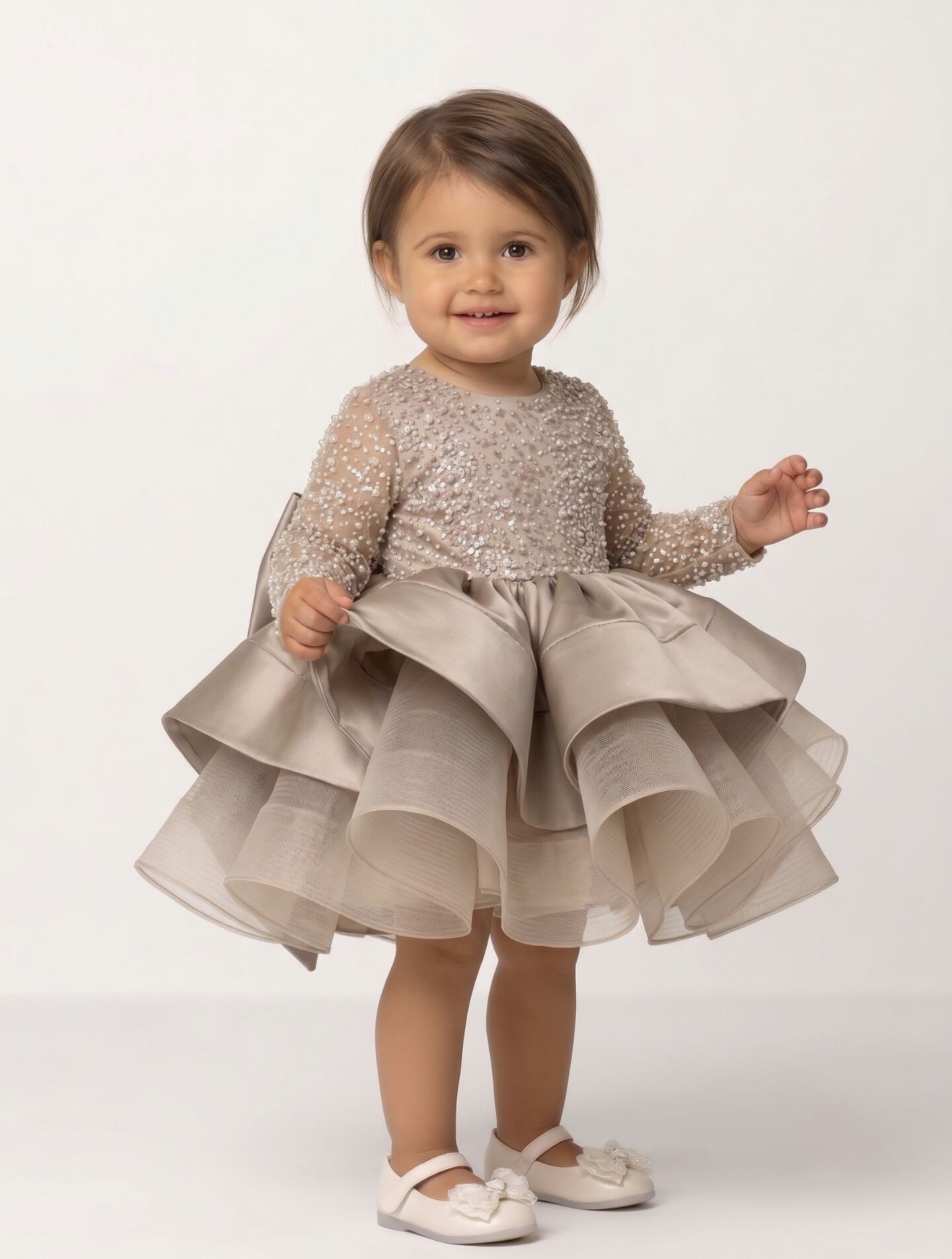 Elise Taupe Pearl Sequin Long Sleeve Satin Skirt Party Dress | Lucys