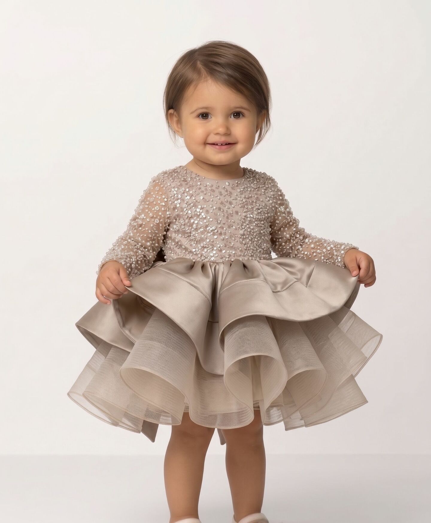 Elise Taupe Pearl Sequin Long Sleeve Satin Skirt Party Dress | Lucys