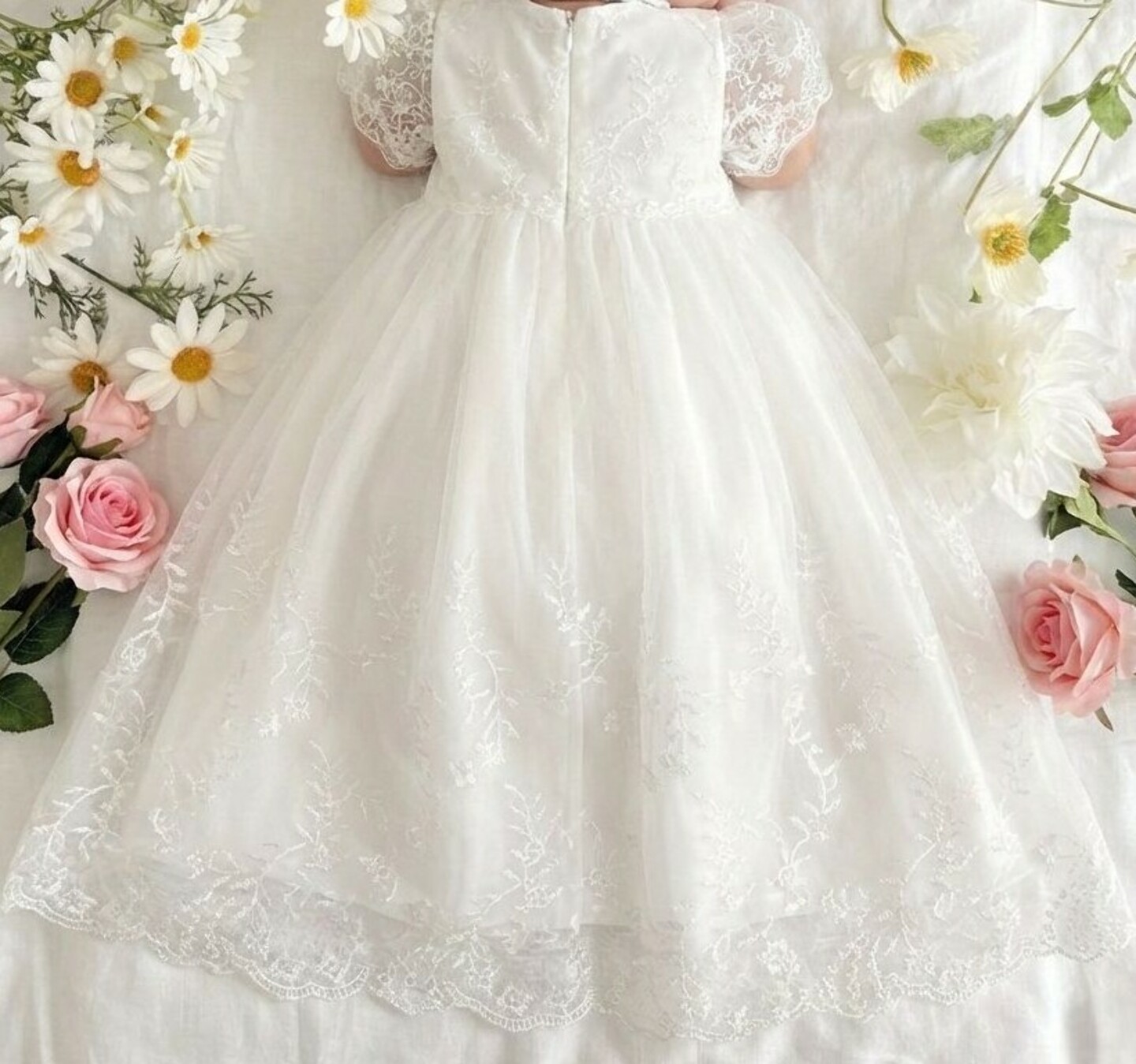 Joy White Lace Baby Christening Dress & Bonnet Set | Lucys