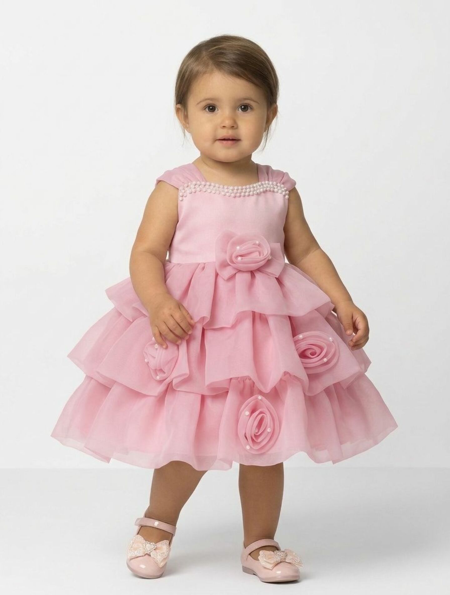 Georgina Pink Rosebud Pearl Neckline Tiered Party Dress | Lucys