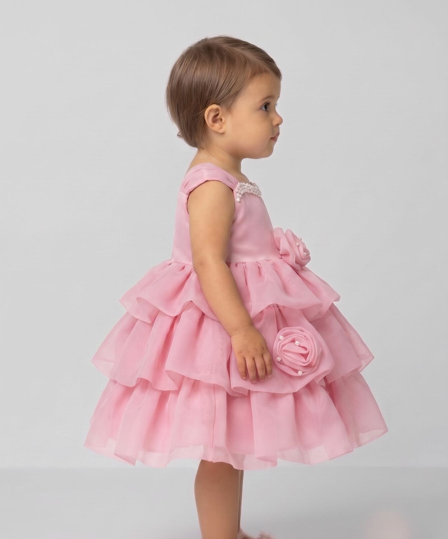 Georgina Pink Rosebud Pearl Neckline Tiered Party Dress | Lucys