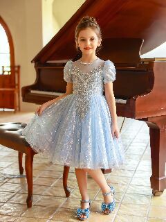 Veronica Light Blue Beaded Sequin Girls Birthday Party Dress | Lucys