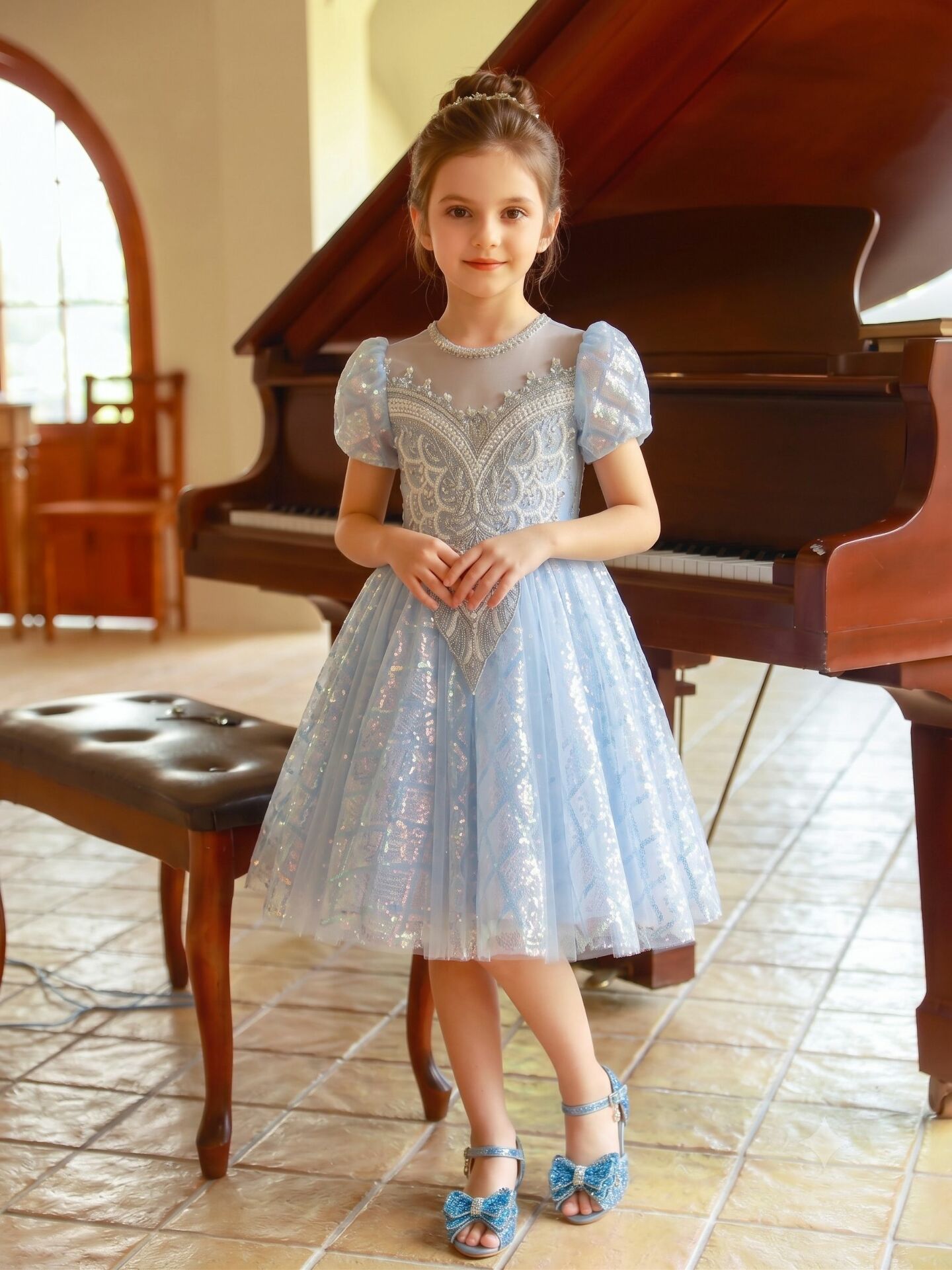 Veronica Light Blue Beaded Sequin Girls Birthday Party Dress | Lucys