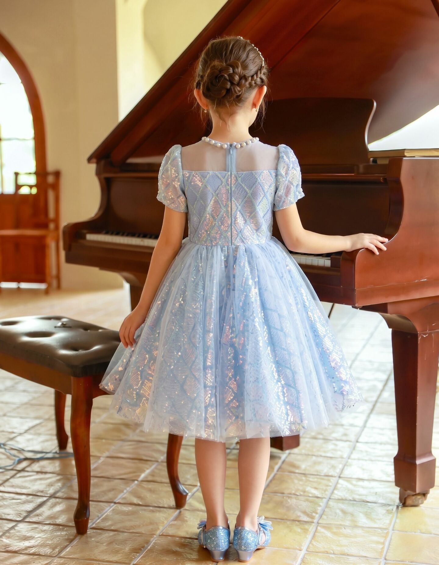Veronica Light Blue Beaded Sequin Girls Birthday Party Dress | Lucys