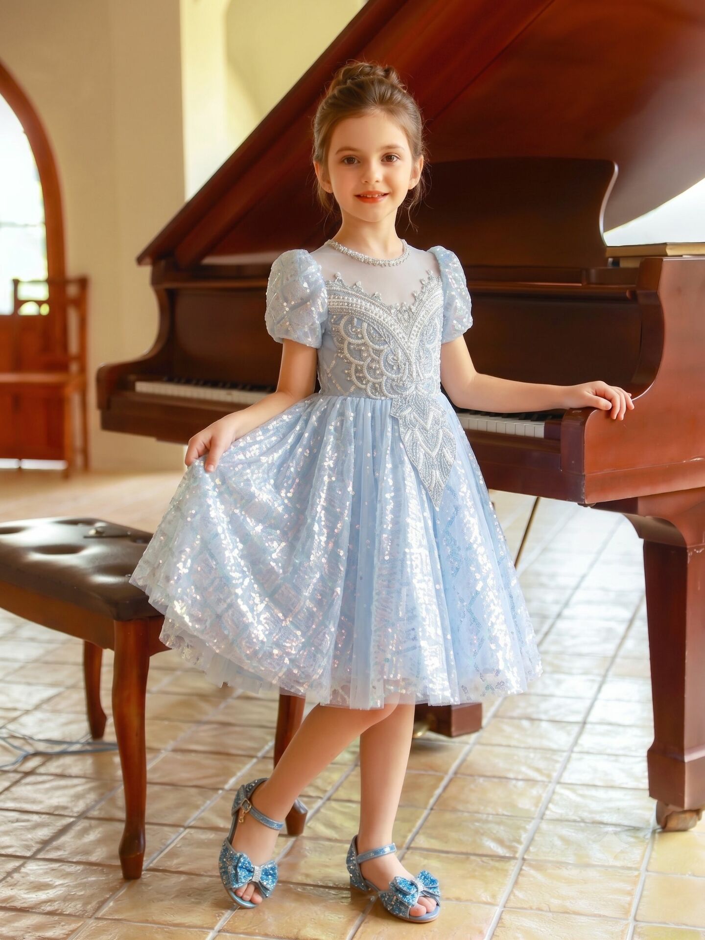 Veronica Light Blue Beaded Sequin Girls Birthday Party Dress | Lucys