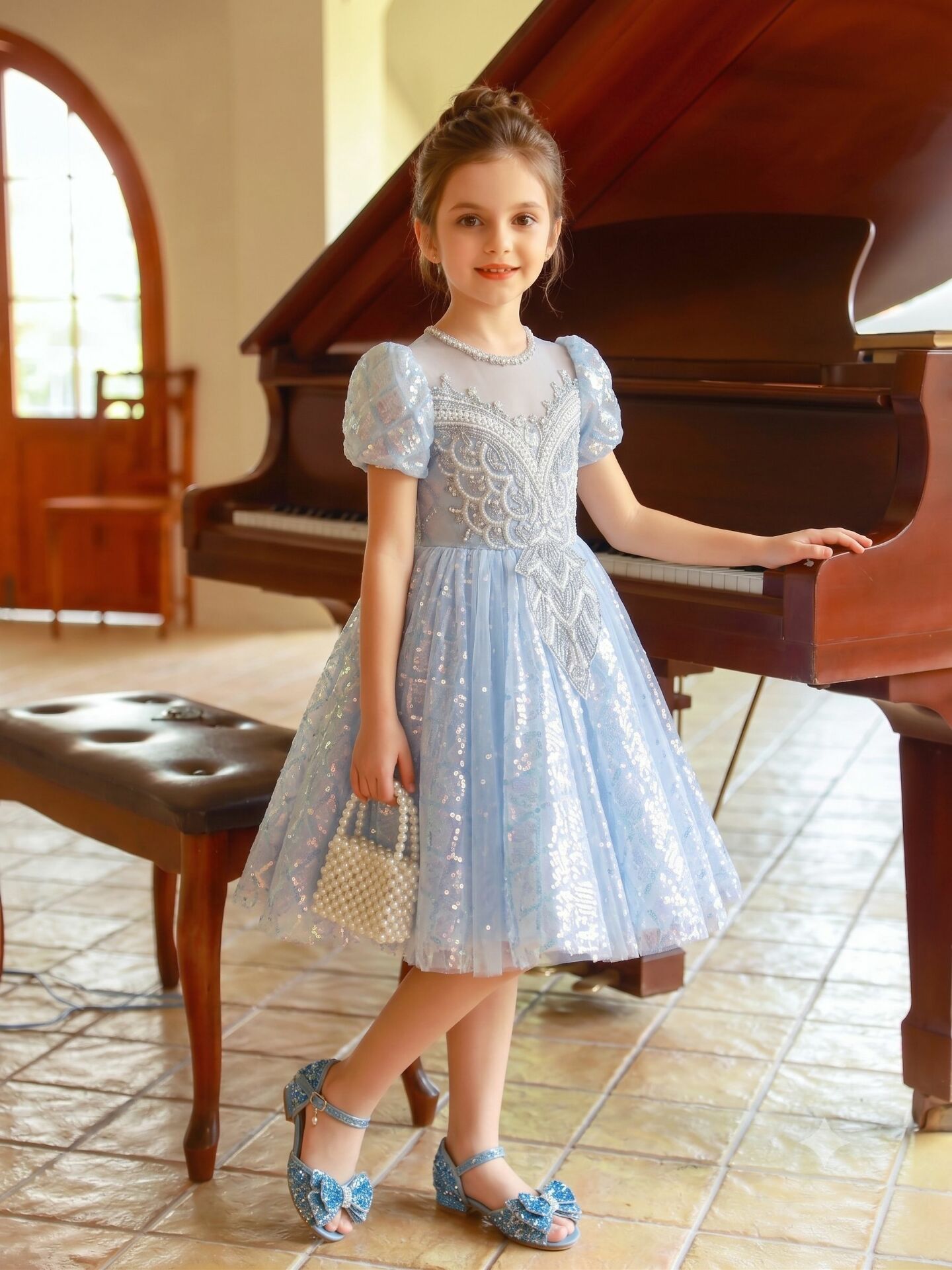 Veronica Light Blue Beaded Sequin Girls Birthday Party Dress | Lucys