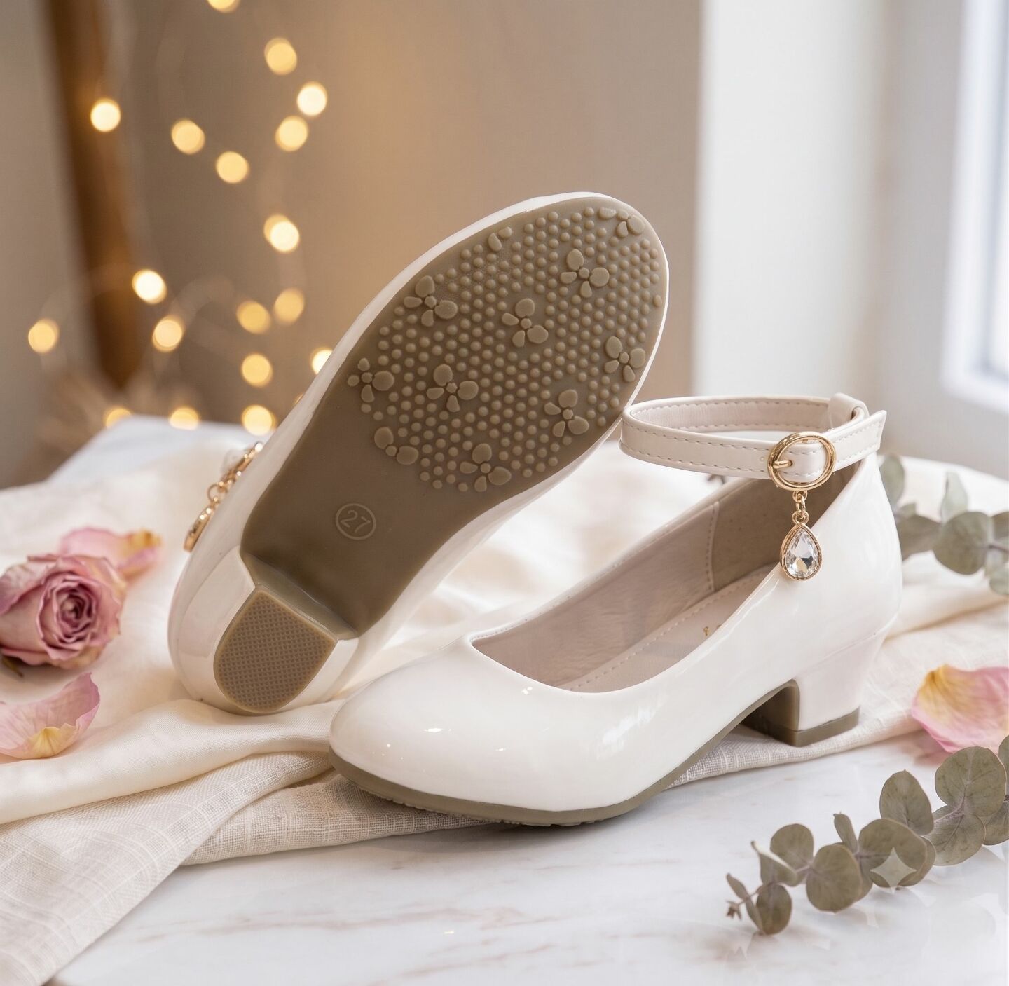 Girls White Patent Ankle Strap High Heel Dress Shoes | Lucys