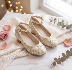 Girls Gold Lace Ankle Strap High Heel Dress Shoes | Lucys