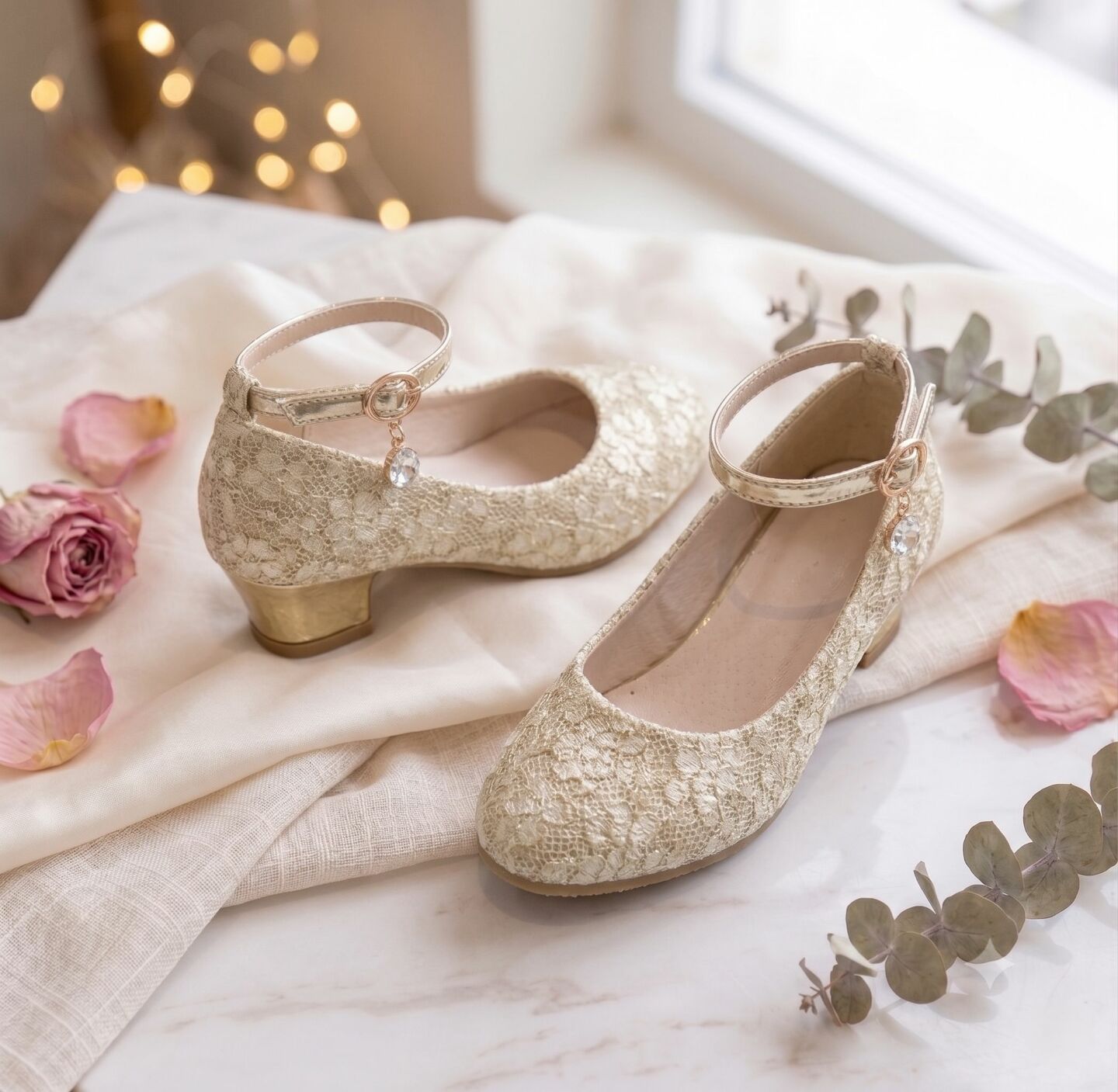 Girls Gold Lace Ankle Strap High Heel Dress Shoes | Lucys