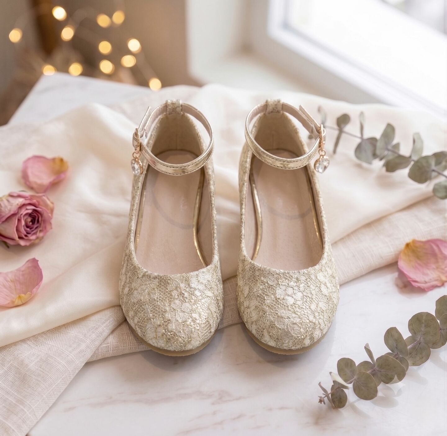 Girls Gold Lace Ankle Strap High Heel Dress Shoes | Lucys
