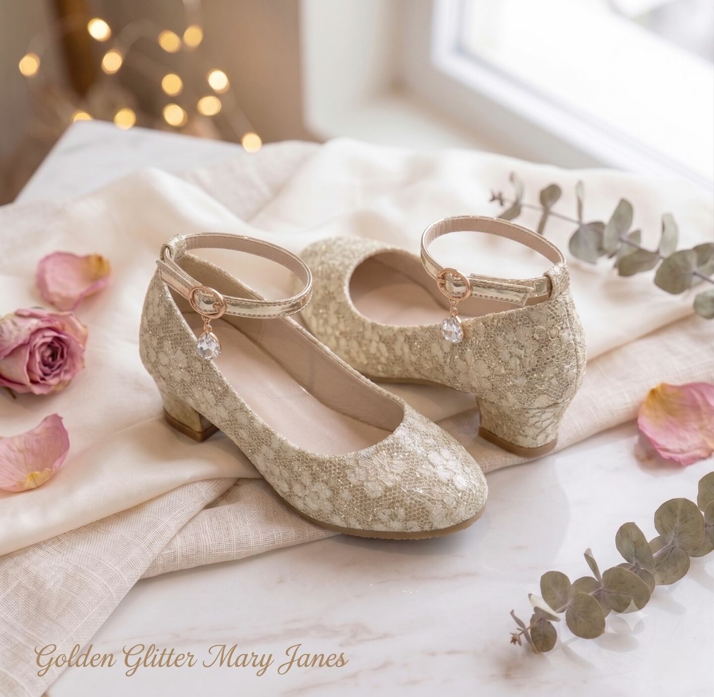 Girls Gold Lace Ankle Strap High Heel Dress Shoes | Lucys