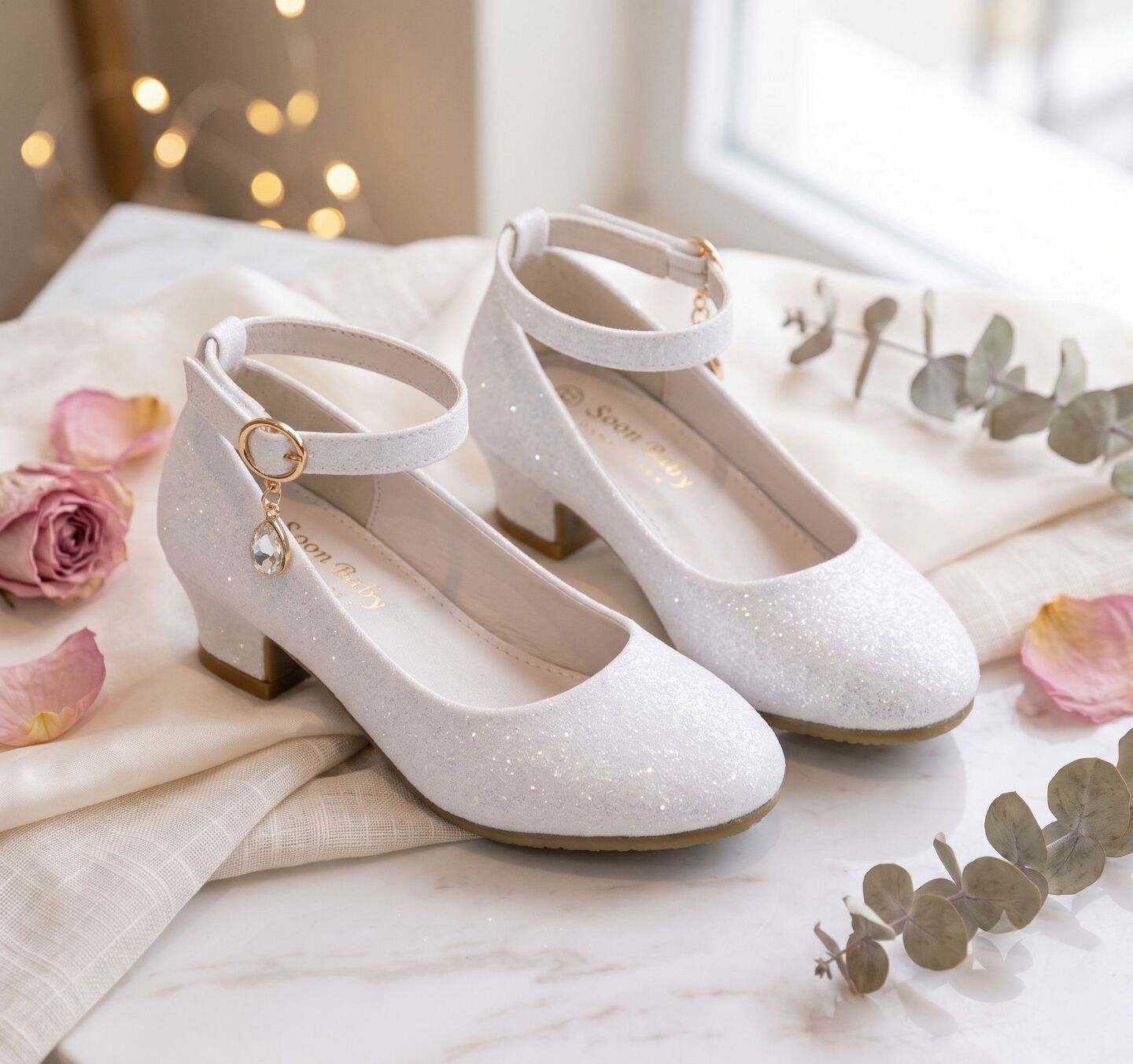 Girls White Glitter Ankle Strap High Heel Dress Shoes