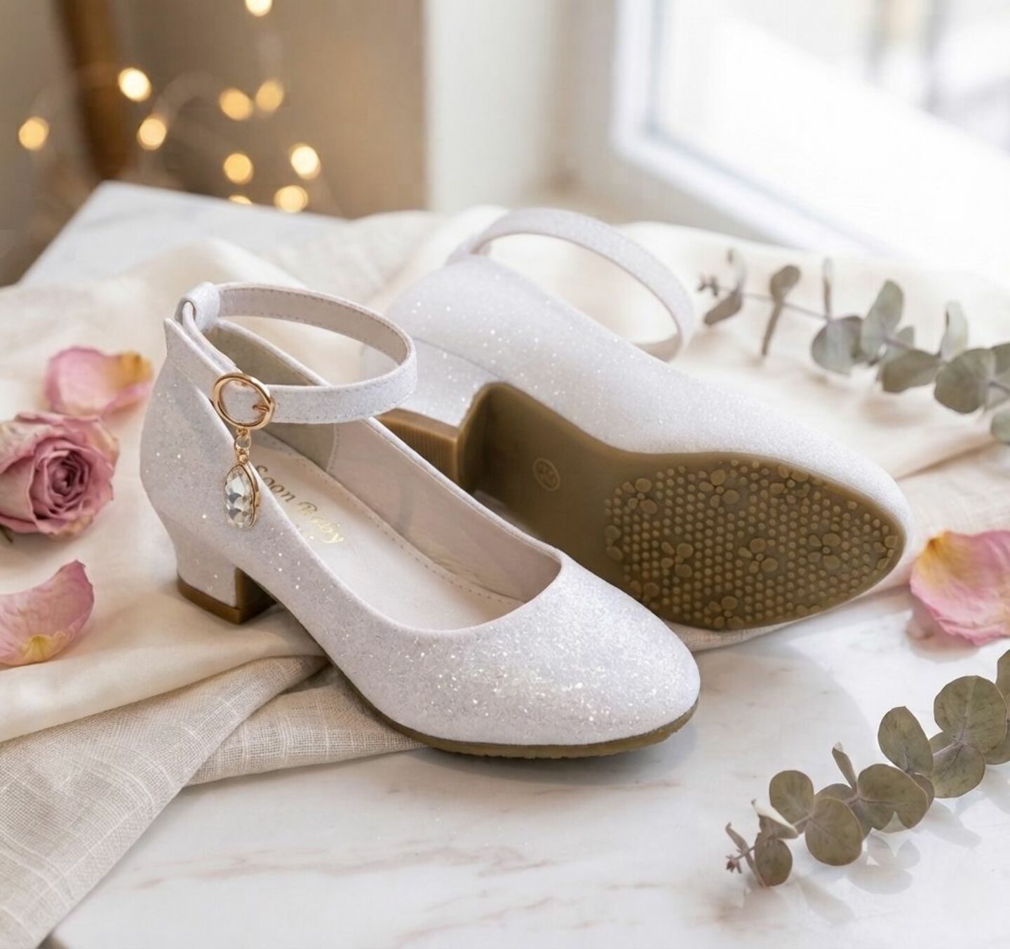 Girls White Glitter Ankle Strap High Heel Dress Shoes | Lucys