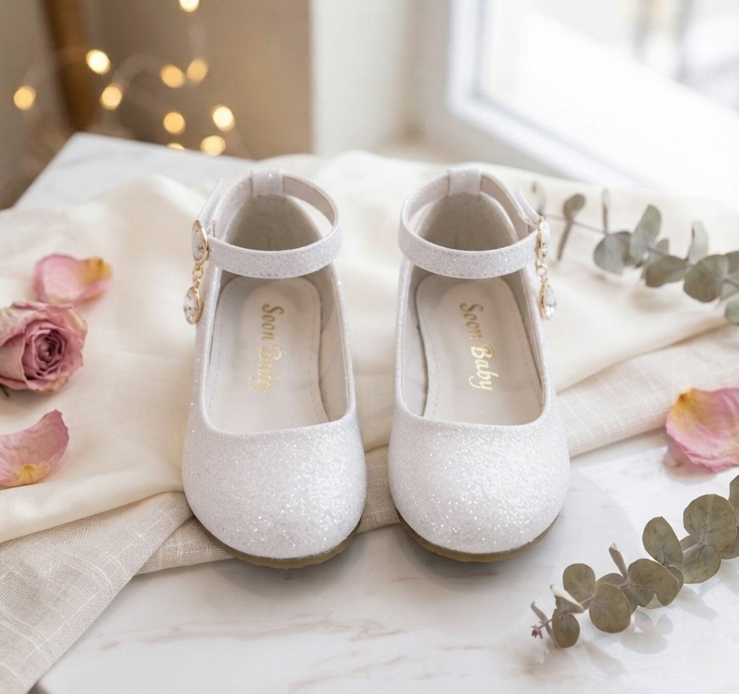Girls White Glitter Ankle Strap High Heel Dress Shoes | Lucys